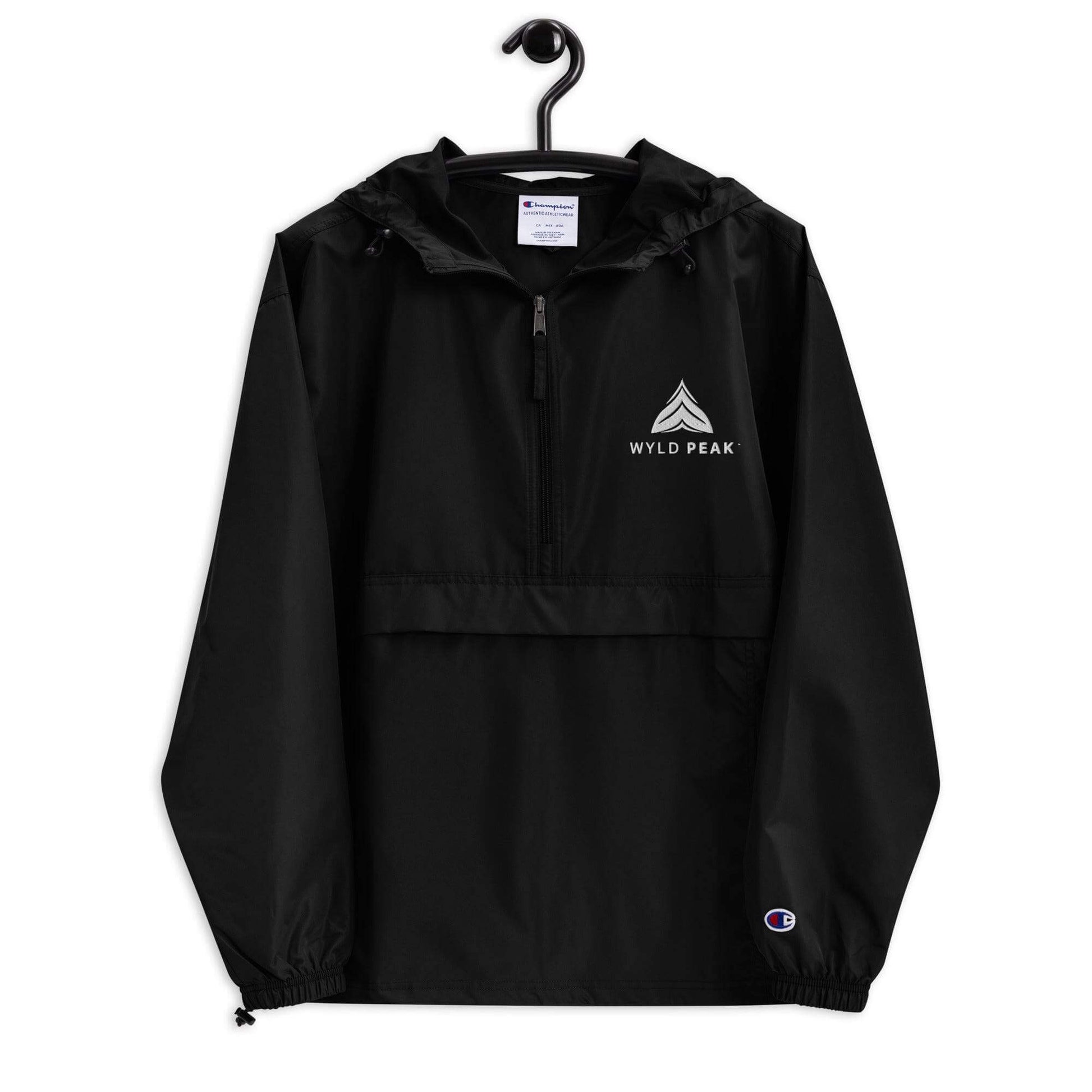 Wyld Peak embroidered foldable jacket in black on coathanger, white background.