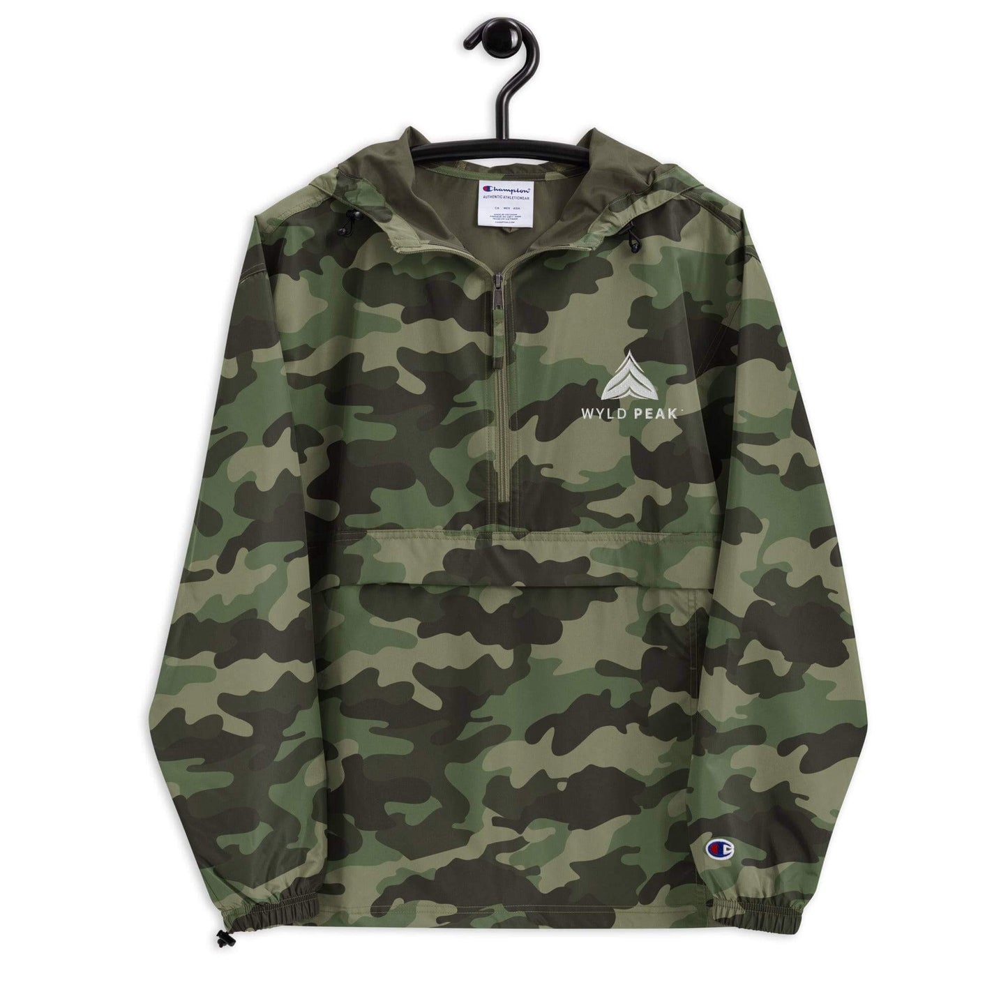 Wyld Peak embroidered foldable jacket in camouflage on coathanger, white background.