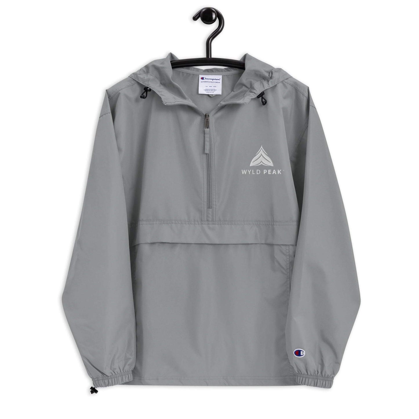 Wyld Peak embroidered foldable jacket in grey on coathanger, white background.