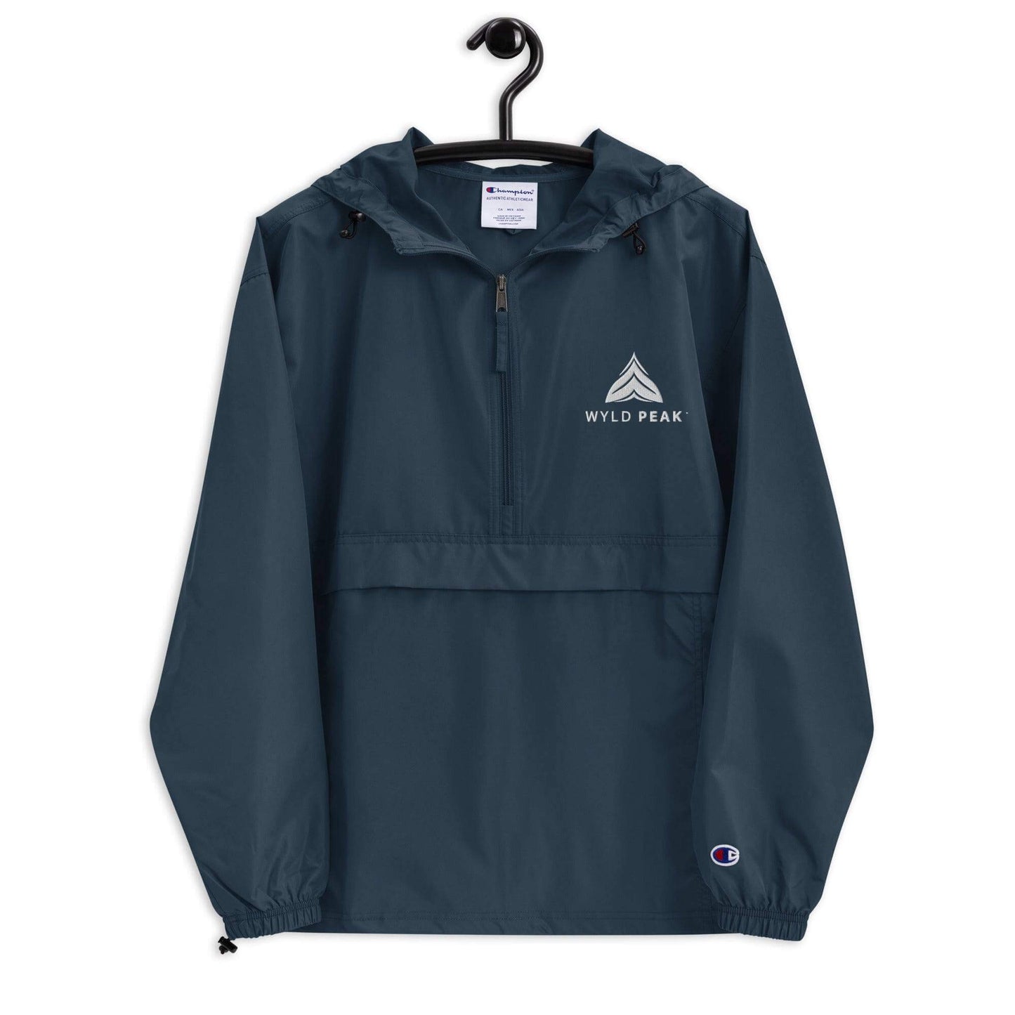 Wyld Peak embroidered foldable jacket in navy on coathanger, white background.