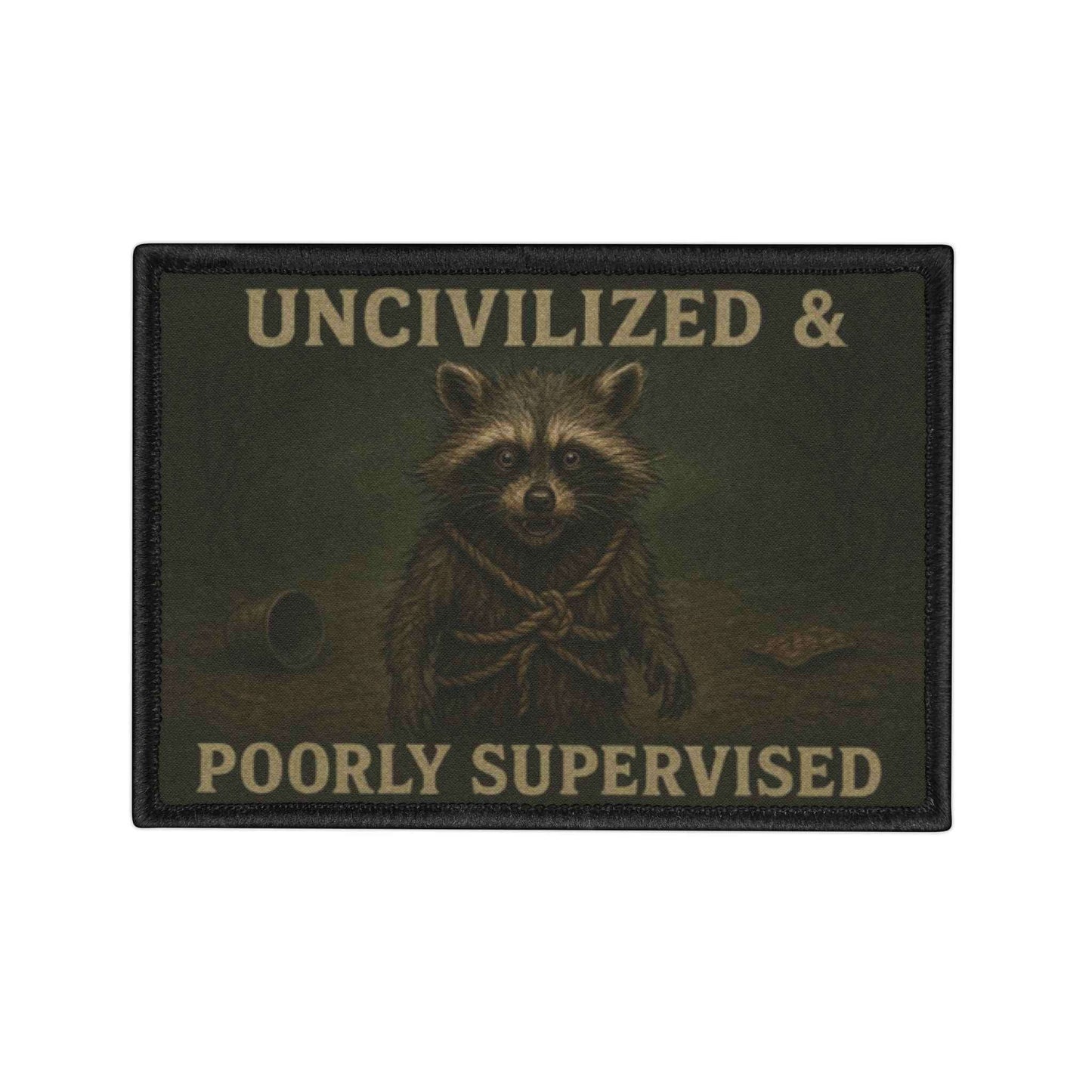 Feral Raccoon patch displayed on a white background, clean view of detail and stitching