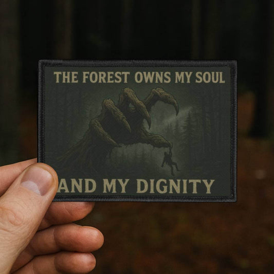 Forest Owns My Soul embroidered patch held in a forest, statement design for those drawn to wild places