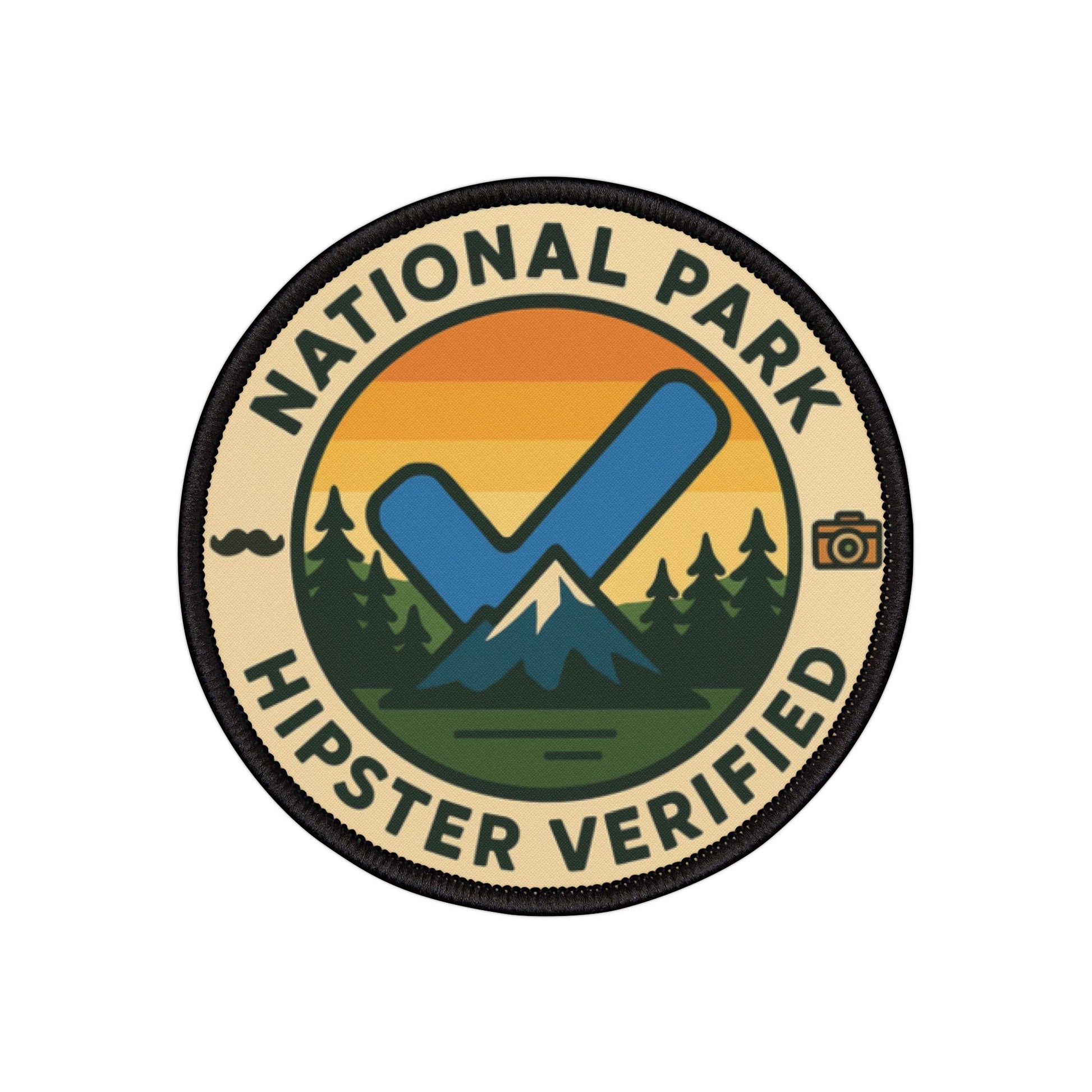 Funny National Park Patch Hipster Verified from Wyld Peak laid flat on white background.