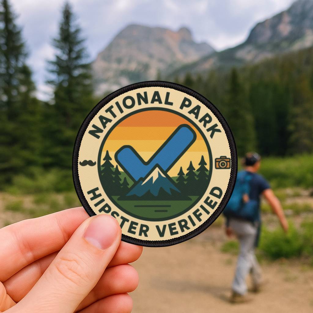 Funny National Park Patch Hipster Verified from Wyld Peak held by hand with hiker and national park in background.