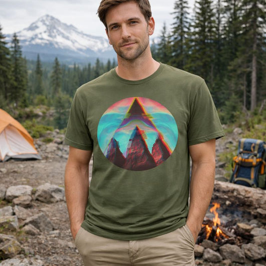Man wearing a green t-shirt with a colorful mountain design in a forest setting.