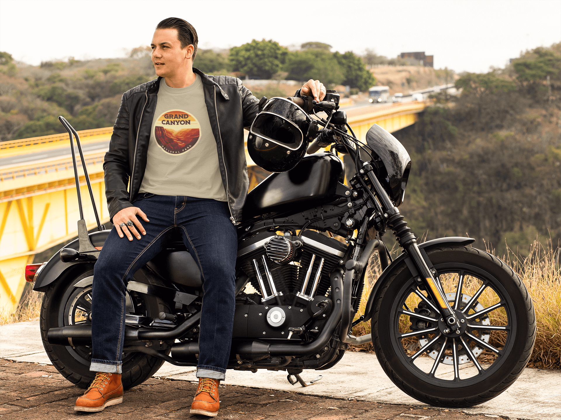 Grand Canyon South Rim tee in desert tan from Wyld Peak worn by man with motorbike in California.
