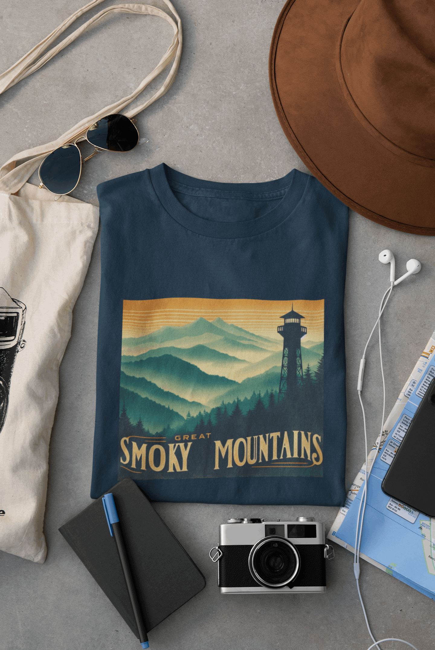 Wyld Peak Great Smoky Mountains National Park organic cotton tee in navy laid flat on desk.