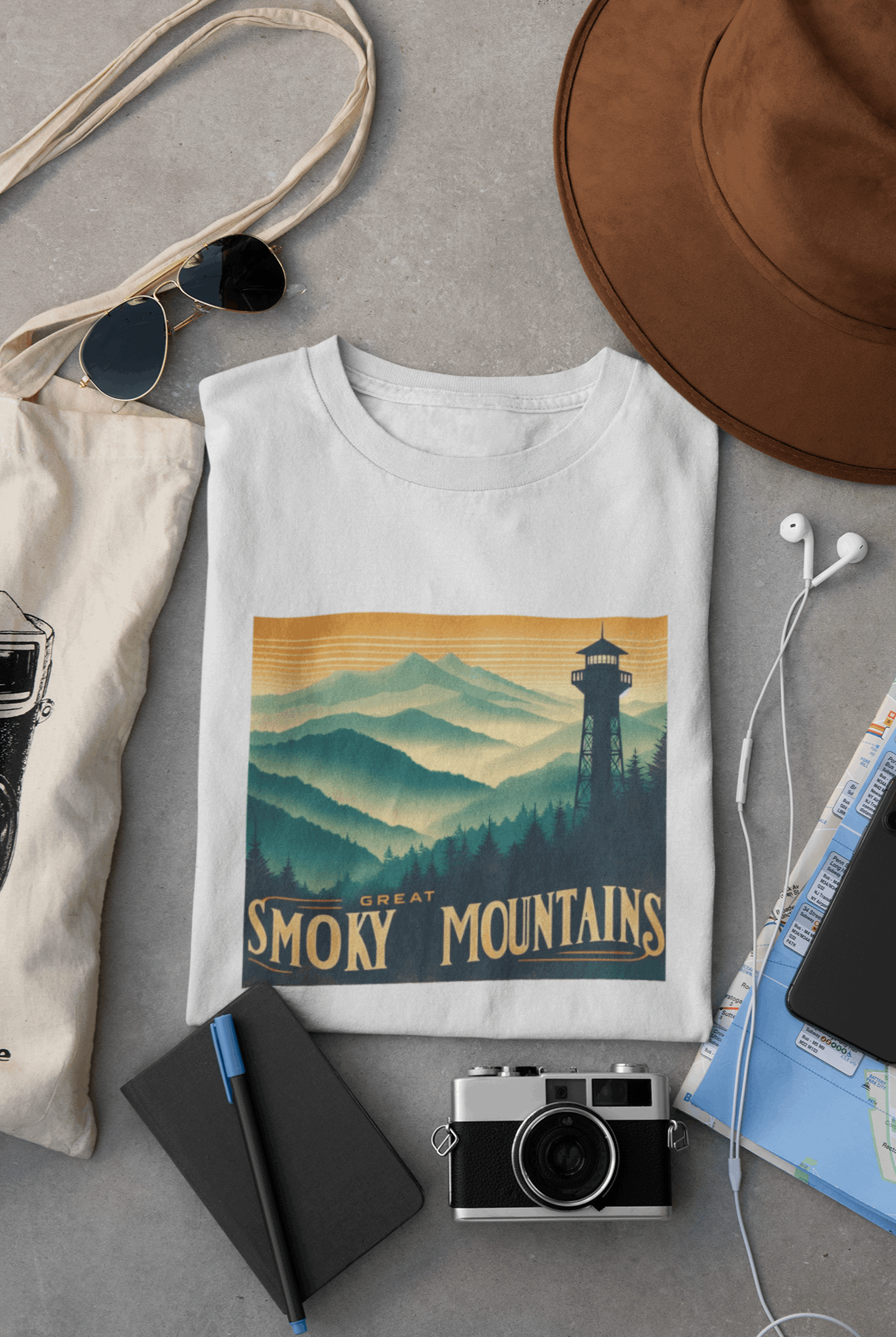 Wyld Peak Great Smoky Mountains National Park organic cotton tee in white laid flat on desk.