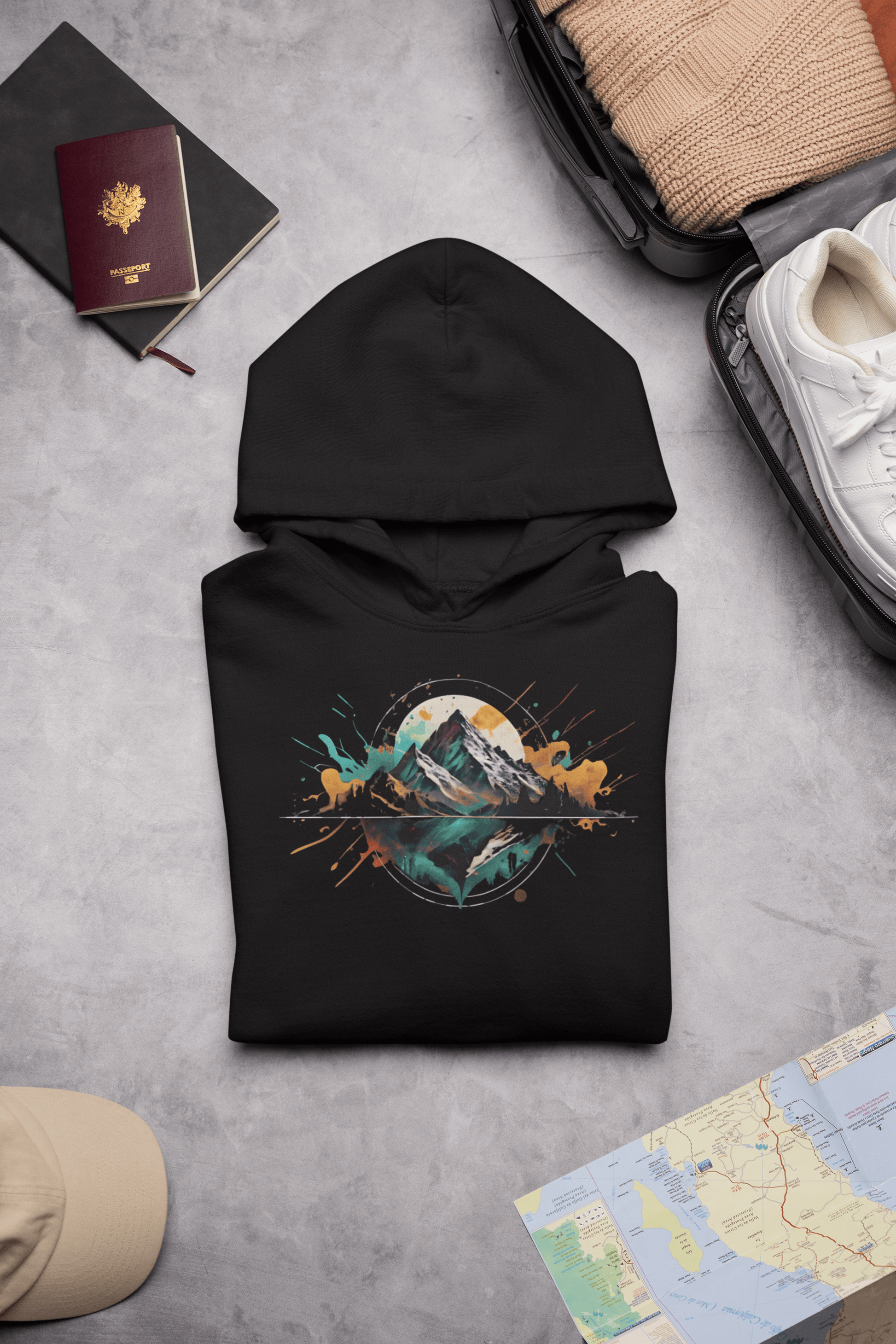 Wyld Peak Peak Design hoodie in black laid flat on desk.