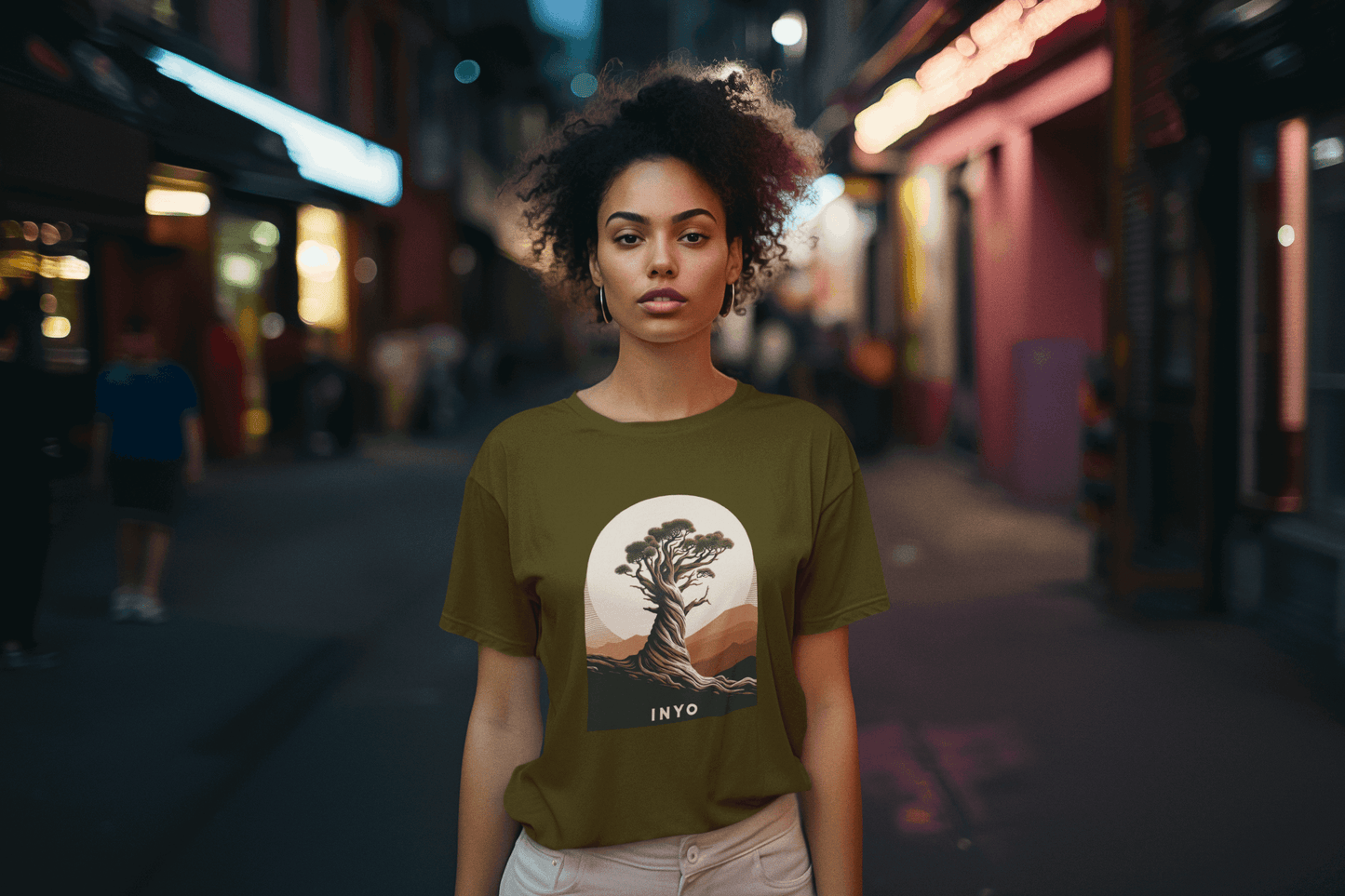Woman in army green Inyo Bristlecone Pines tee by Wyld Peak in New York City