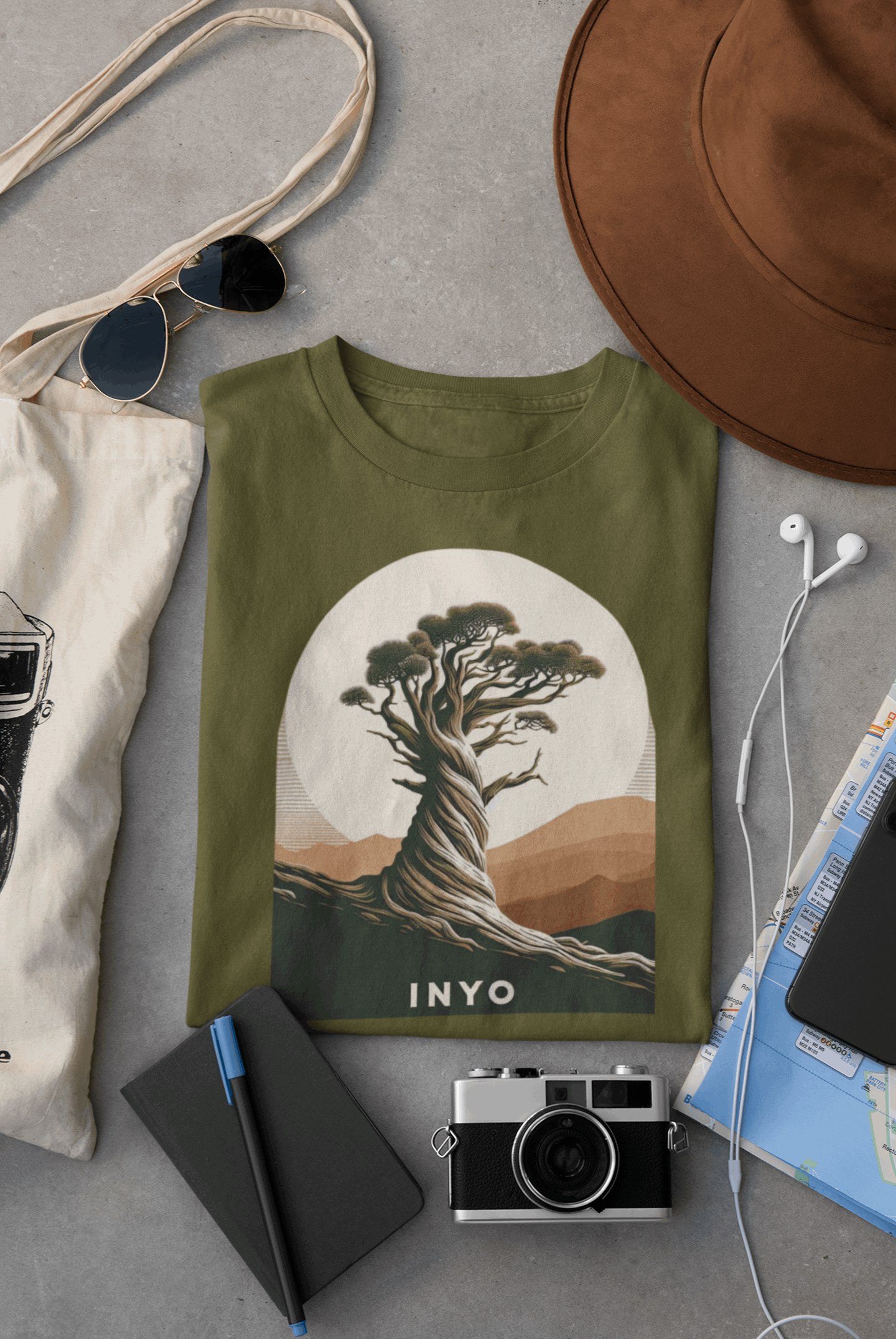 Inyo National Forest Bristlecone Pines tee in army green laid flat