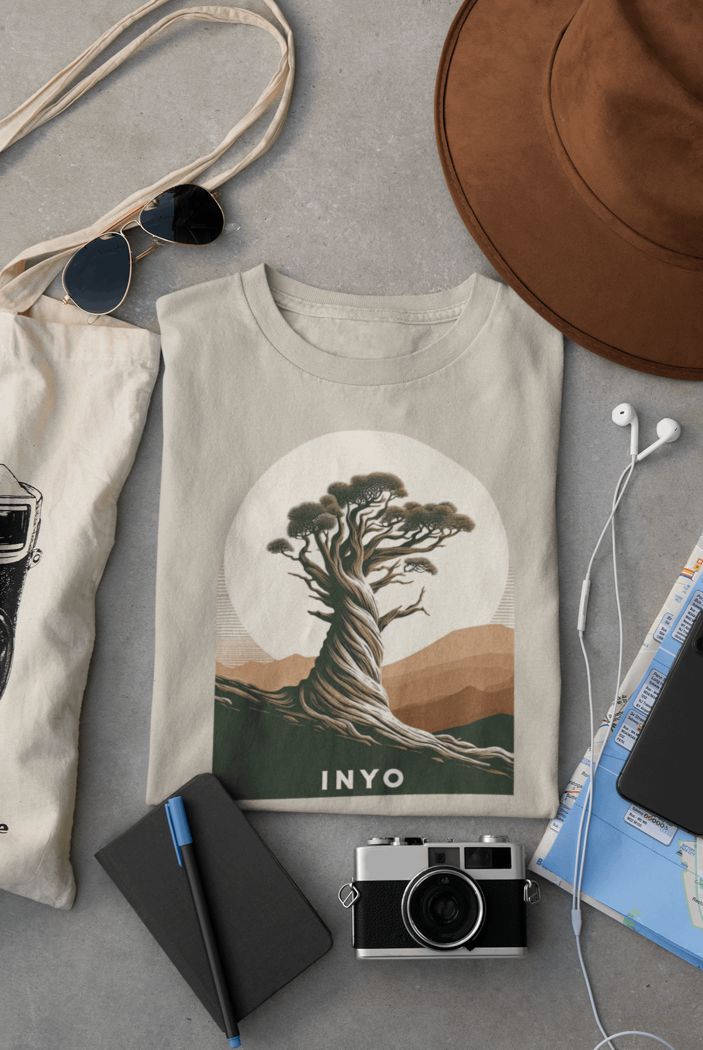 Inyo National Forest Bristlecone Pines tee in desert tan laid flat