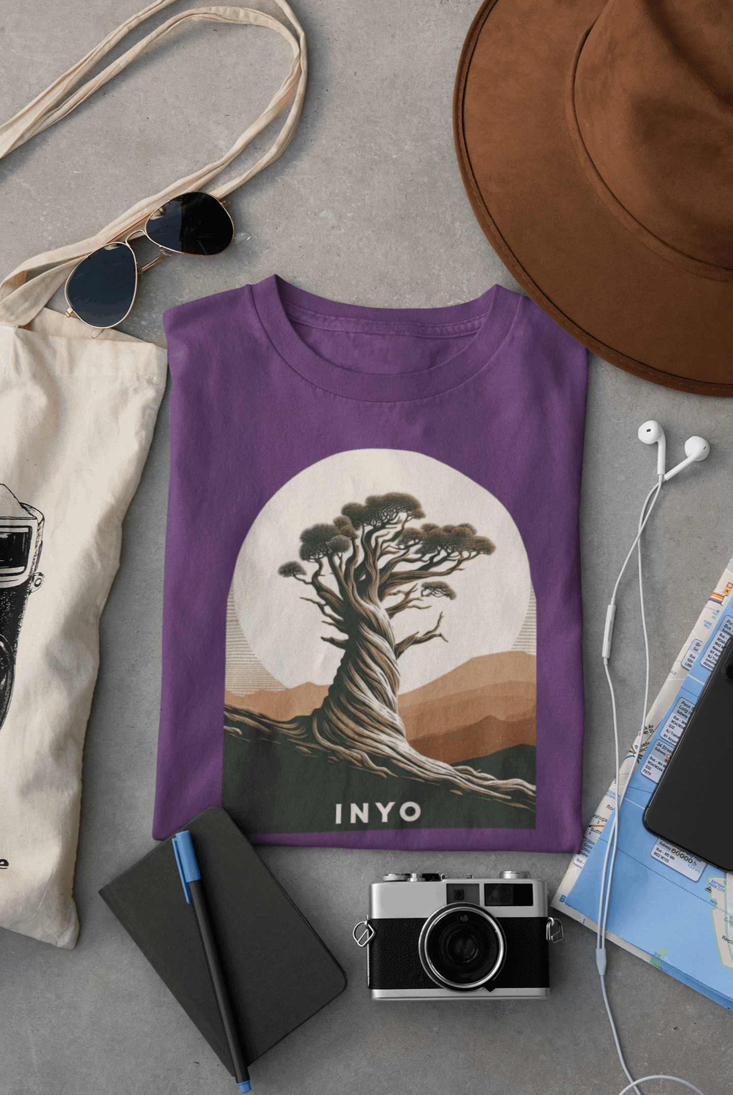 Wyld Peak Bristlecone Pines organic unisex tee in heather purple laid flat