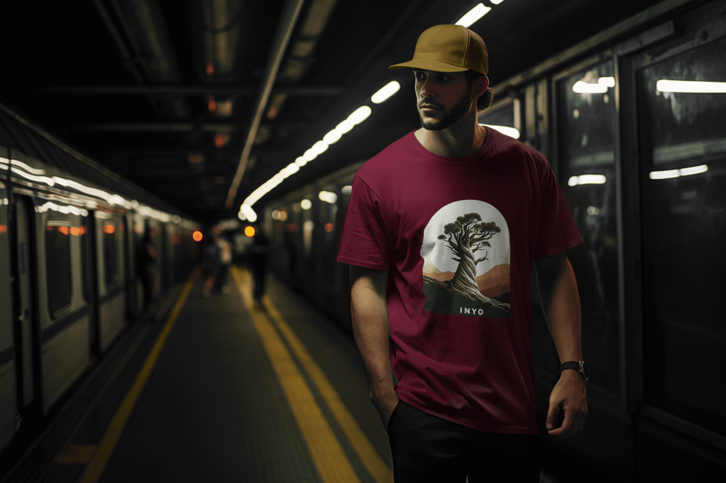 Man wearing maroon Inyo Bristlecone Pines tee in NYC subway