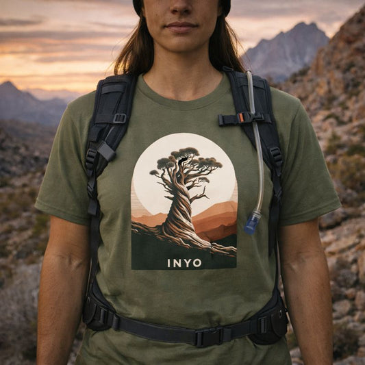 Person wearing a green t-shirt with 'INYO' design in a mountainous landscape
