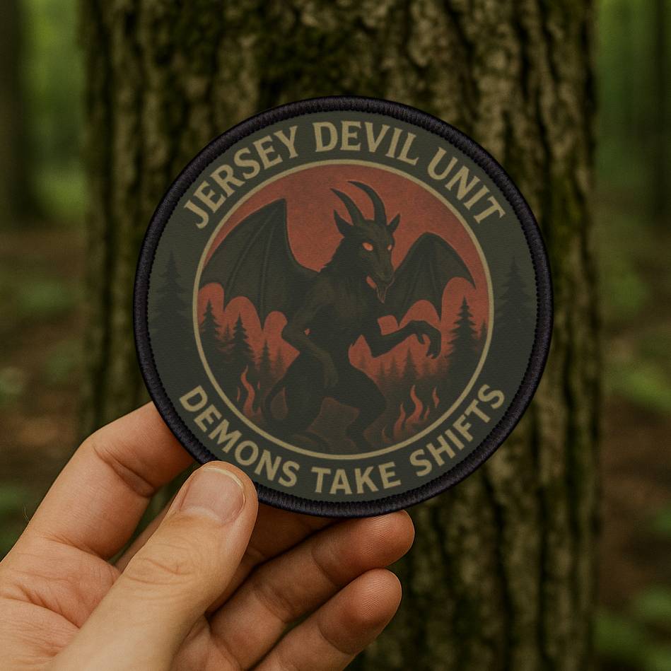 Jersey Devil cryptid embroidered patch held on a trail, folklore inspired design built for outdoor adventure