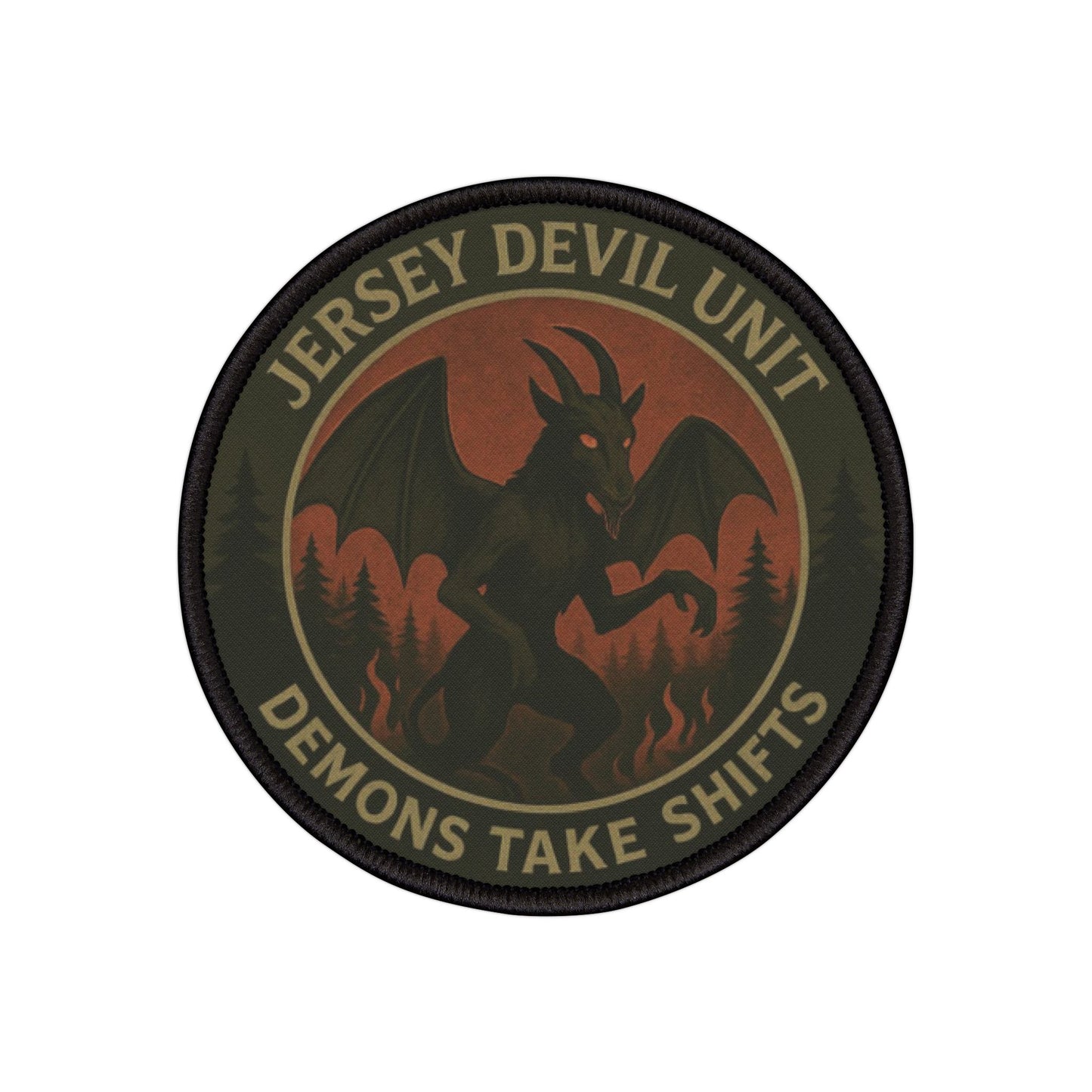 Jersey Devil cryptid patch displayed on a white background, detailed embroidery with bold mythical design