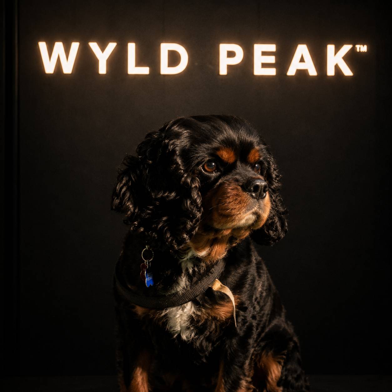 Dog sitting in front of a dark background with 'WYLD PEAK' branding.