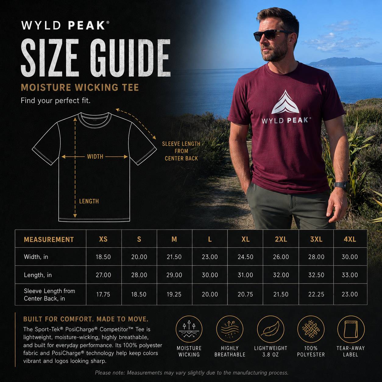 A size guide infographic for the Wyld Peak Moisture Wicking Tee, featuring a size chart diagram, a measurement table from XS to 4XL, and a model wearing the maroon t-shirt against a scenic outdoor background.