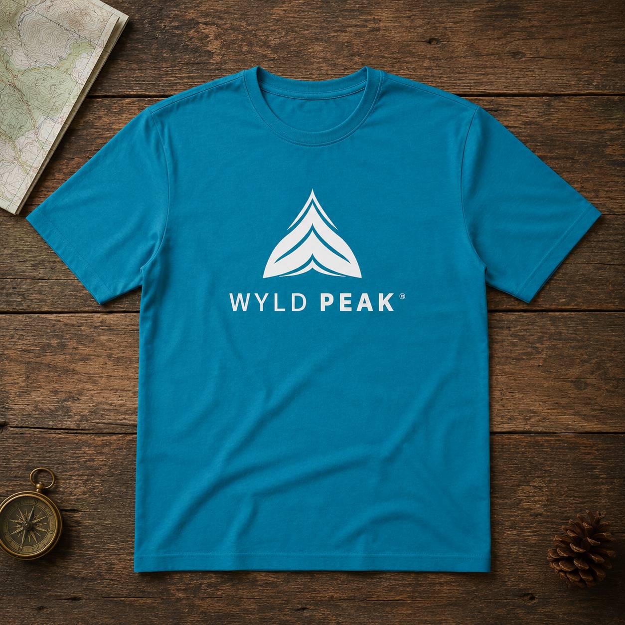 A bright blue crewneck t-shirt with a white 'WYLD PEAK' logo and mountain graphic on the chest, laid flat on a rustic dark wood background with a map, compass, and pinecone props.