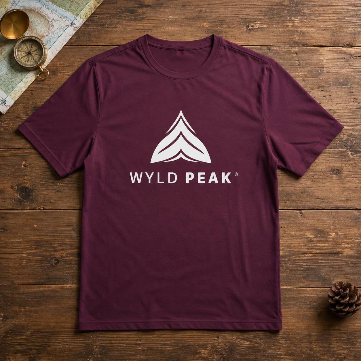 A maroon short-sleeve crewneck t-shirt with a white 'WYLD PEAK' logo and chevron graphic on the chest, laid flat on a rustic wooden background with a compass, map, and pinecone as props.