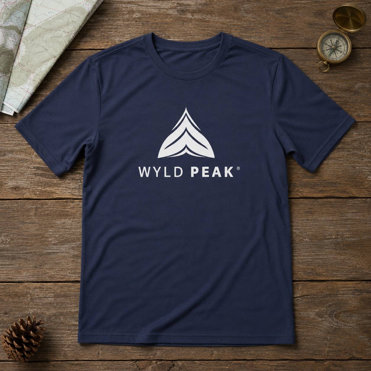 A navy blue crewneck t-shirt with a white 'WYLD PEEK' logo and chevron graphic on the chest, displayed flat on a rustic wooden background with a map, pinecone, and compass as props.