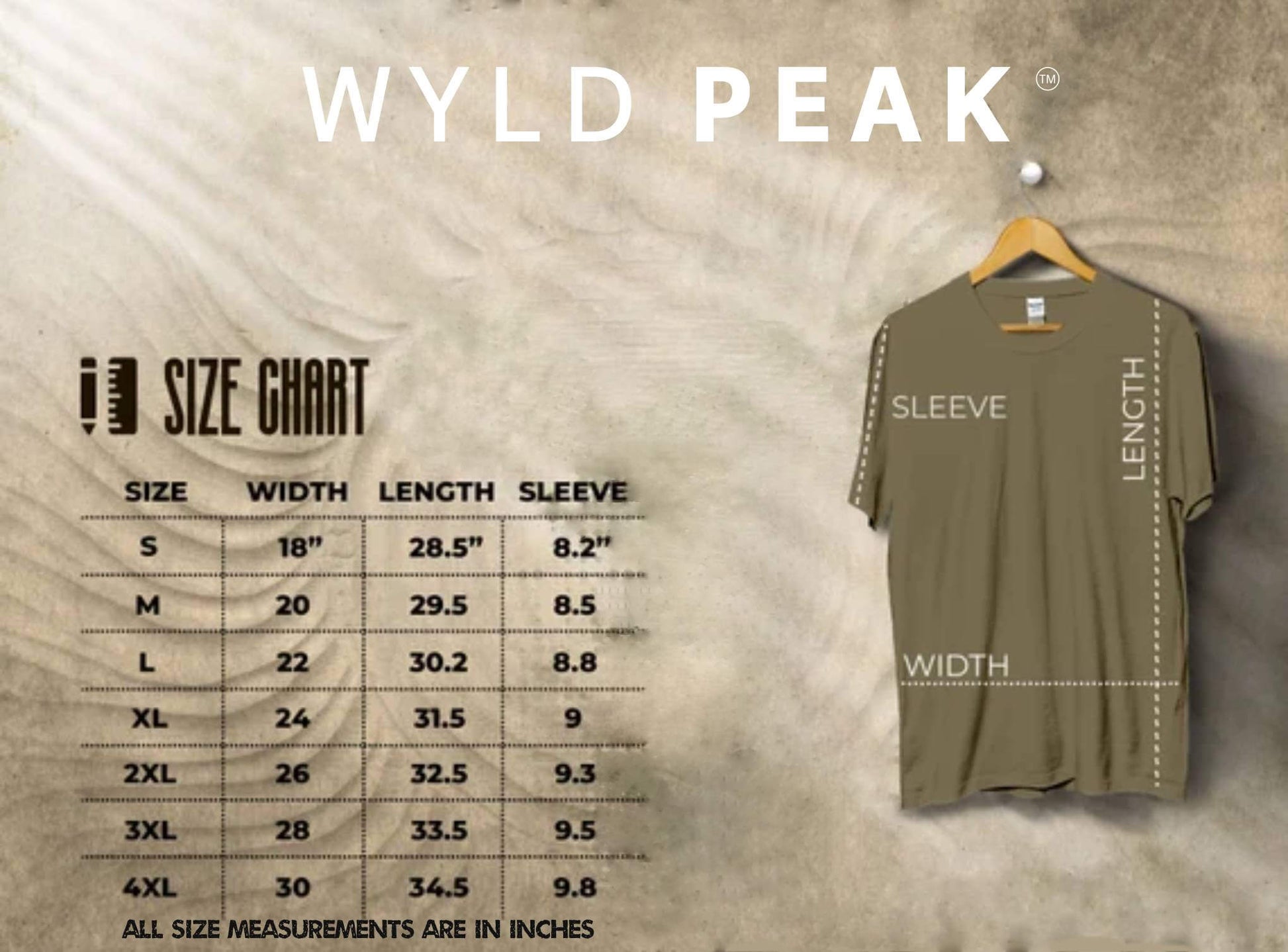Size guide for Mount Rainier National Park tee from Wyld Peak