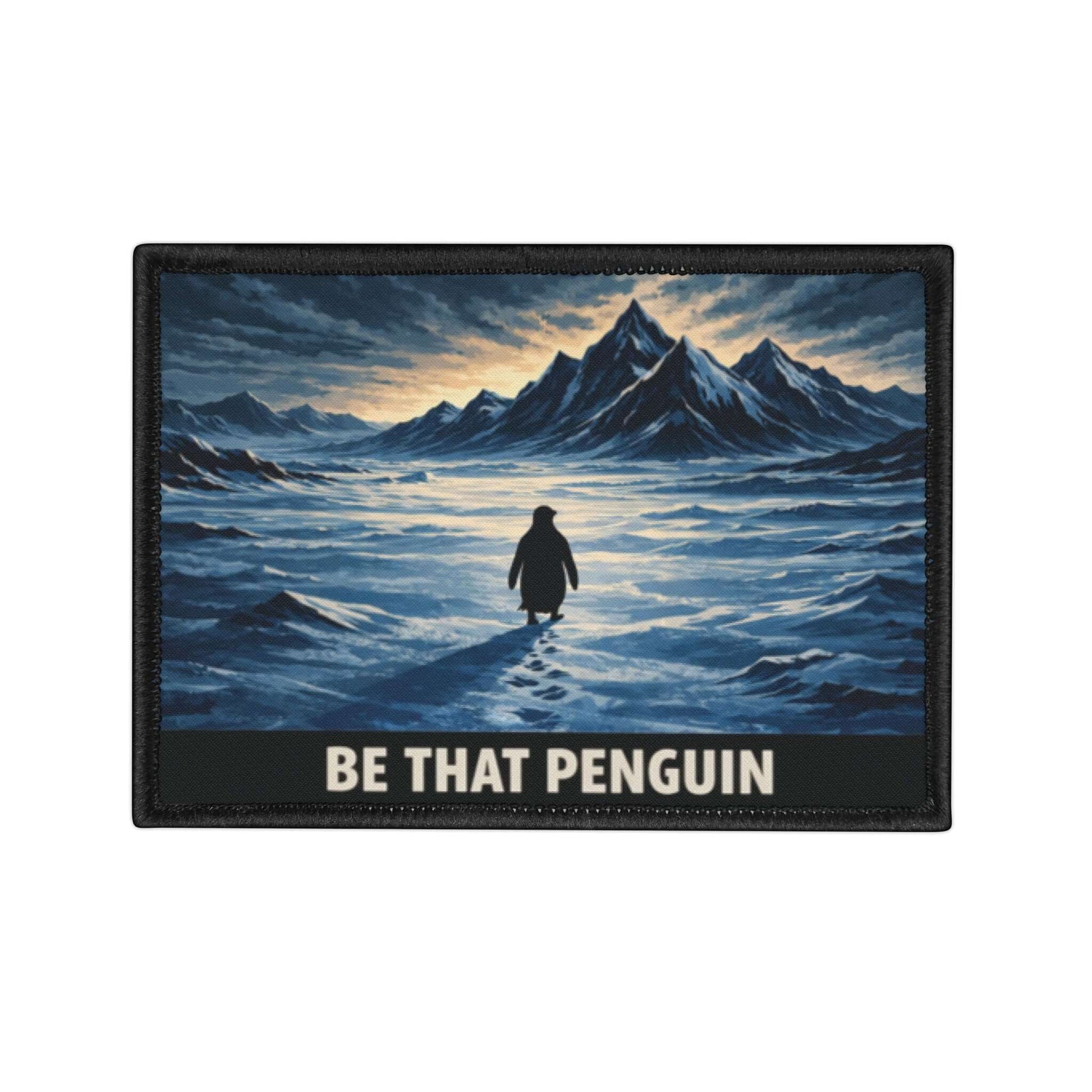 Nihilist Penguin patch displayed on a white background, clean embroidered design with minimalist dark humor