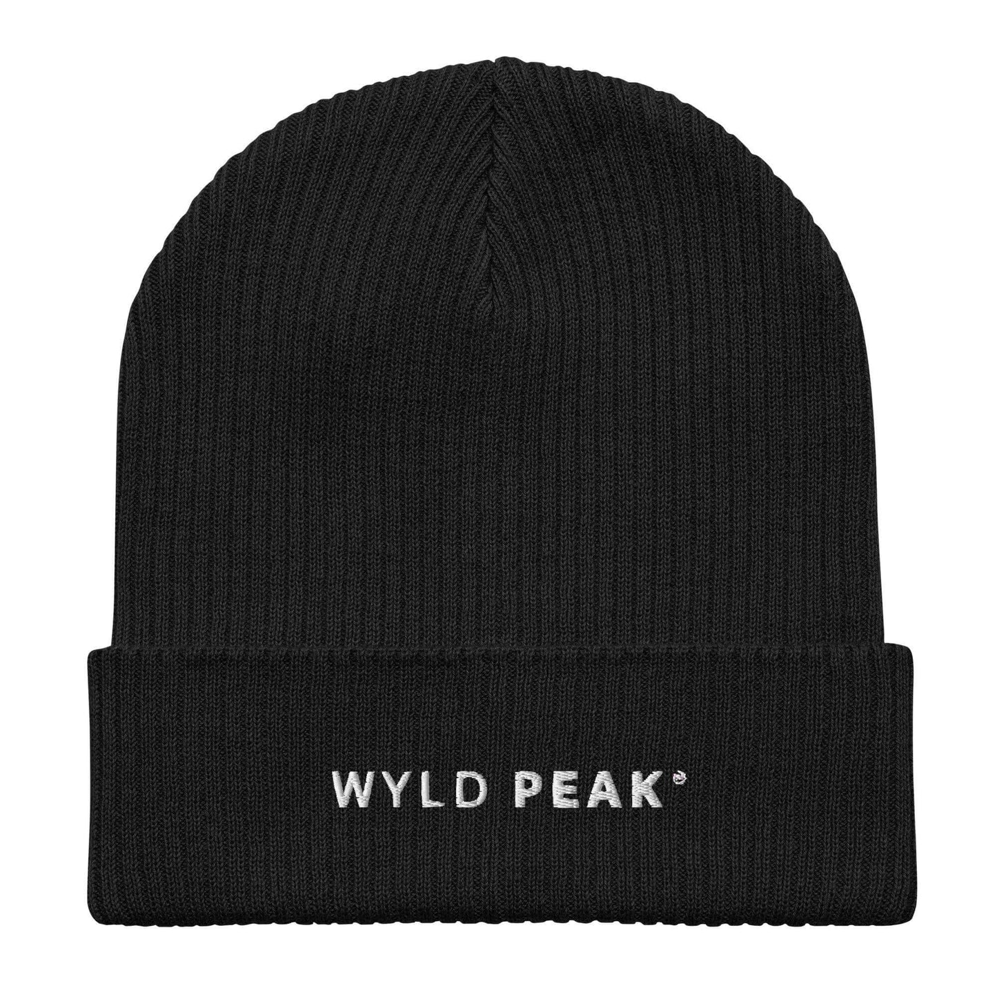 Wyld Peak organic cotton beanie in black with white background.