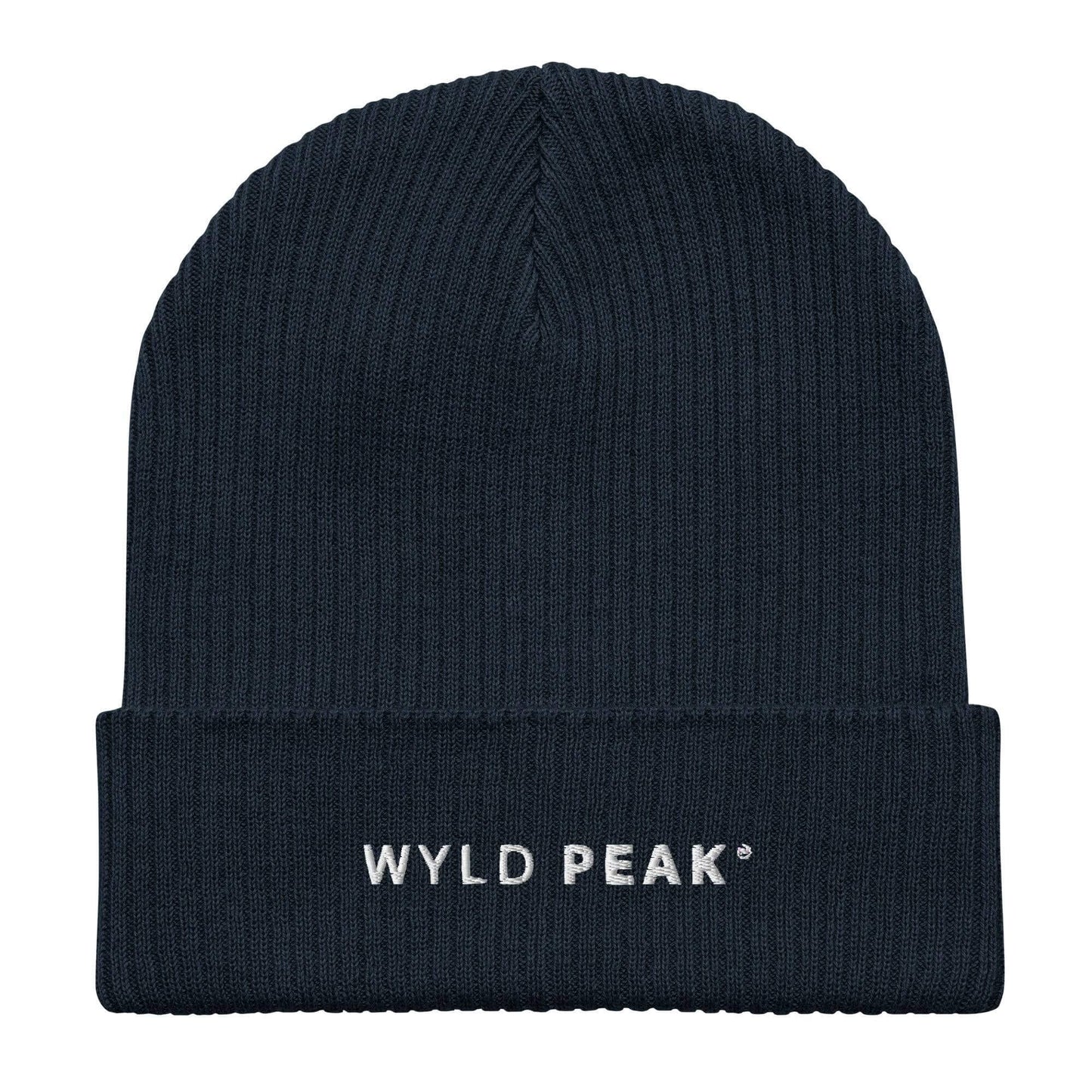 Wyld Peak organic cotton beanie in navy with white background.