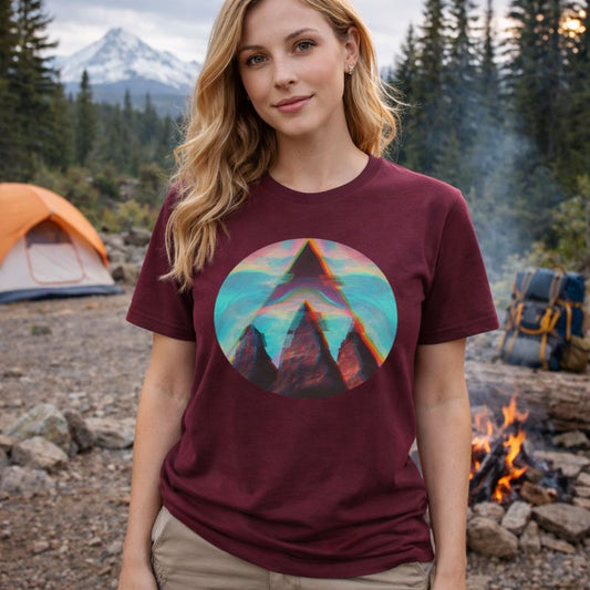 Woman wearing a t-shirt with a mountain graphic in a camping setting