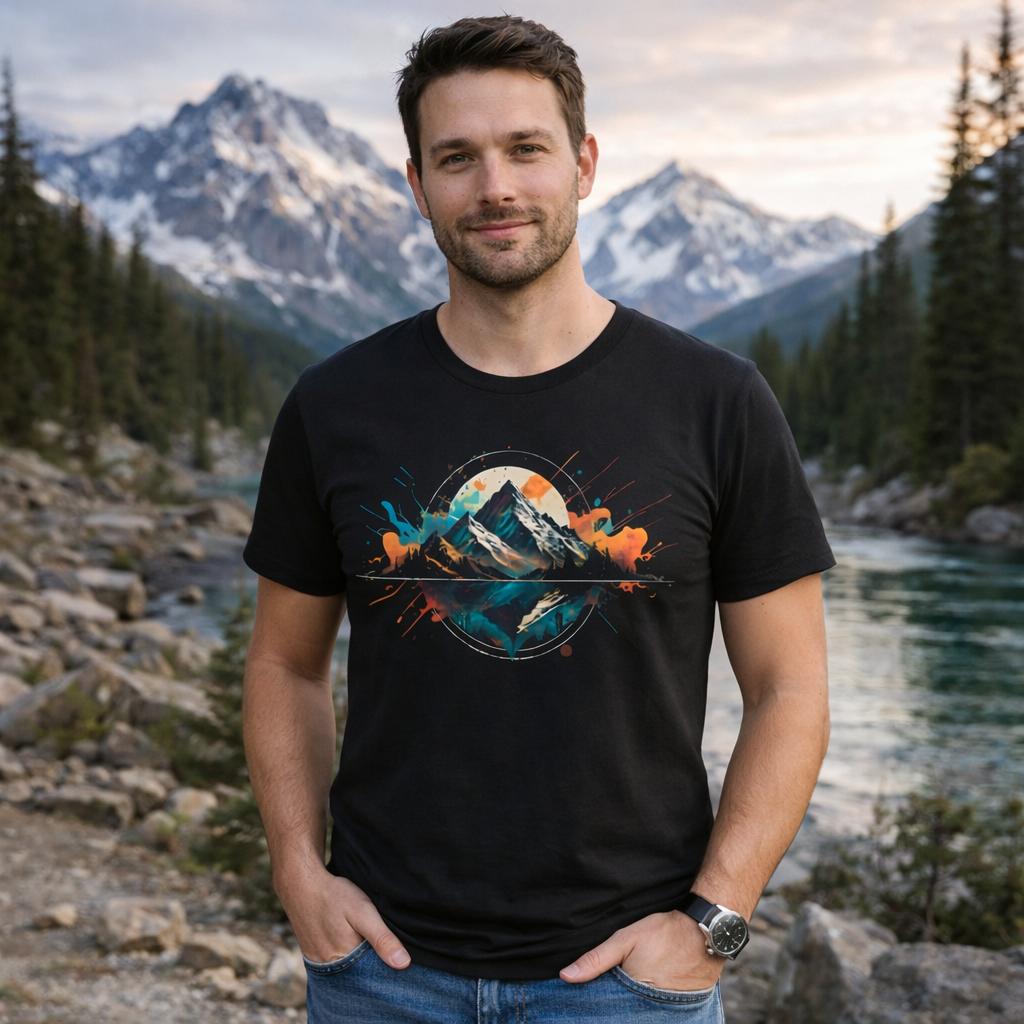 Man wearing a black t-shirt with a mountain graphic in a scenic outdoor setting