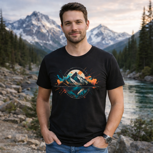 Man wearing a black t-shirt with a mountain graphic in a scenic outdoor setting