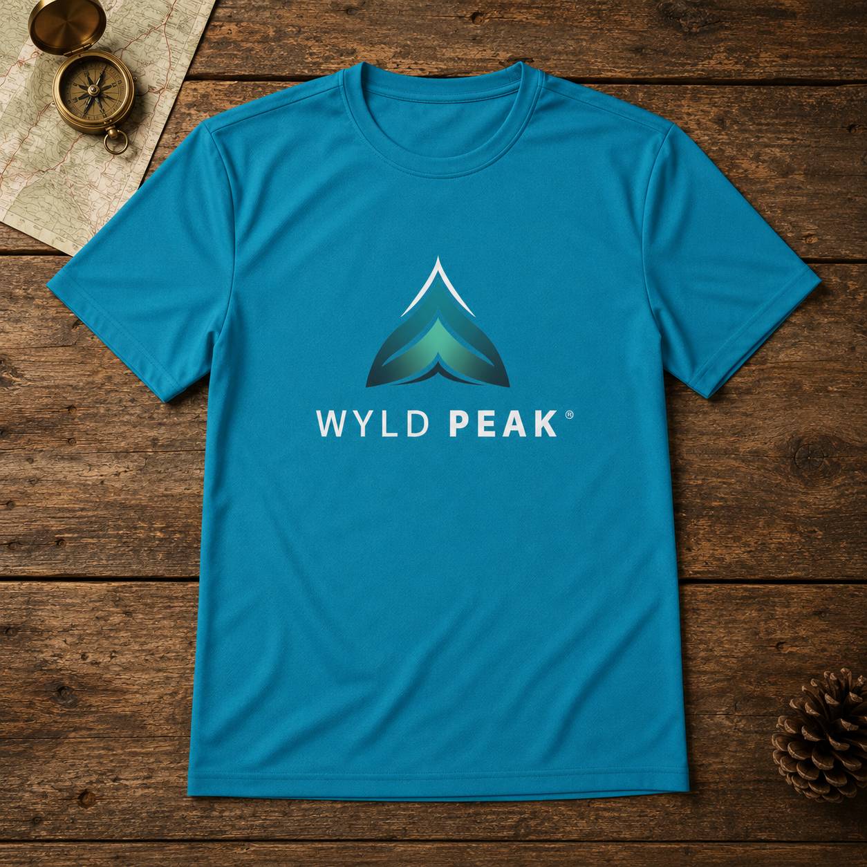 A bright blue crewneck t-shirt featuring a stylized mountain logo in shades of green and blue with the text 'WYLD PEAK' printed in white below it. The t-shirt is laid flat on a rustic dark wood background with a compass, map, and pinecone as props.