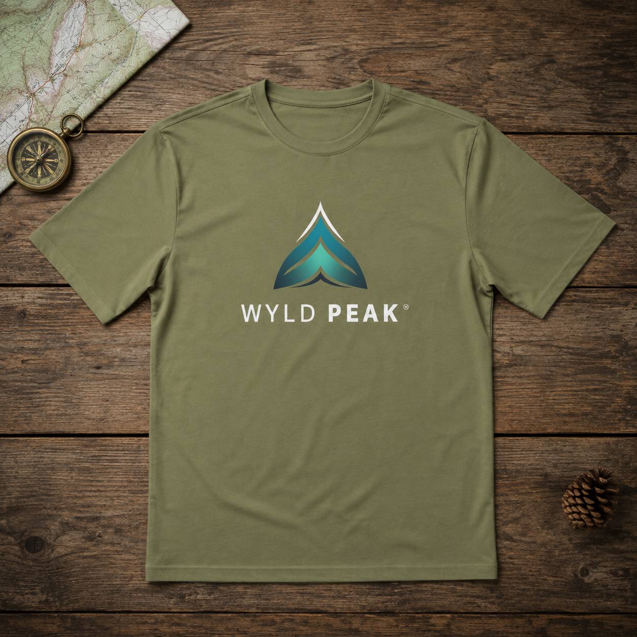 An olive green crewneck t-shirt featuring a blue and white geometric mountain logo and the text 'WYLD PEAK' on the chest, laid flat on a rustic dark wood background with a map, compass, and pinecone props.