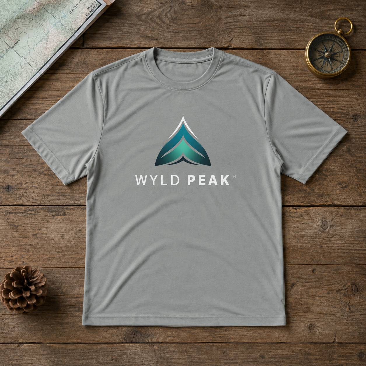 A light gray crewneck t-shirt featuring a stylized mountain logo in teal and blue with the text 'WYLD PEAK' underneath, laid flat on a rustic wooden surface with a map, pinecone, and compass as props.