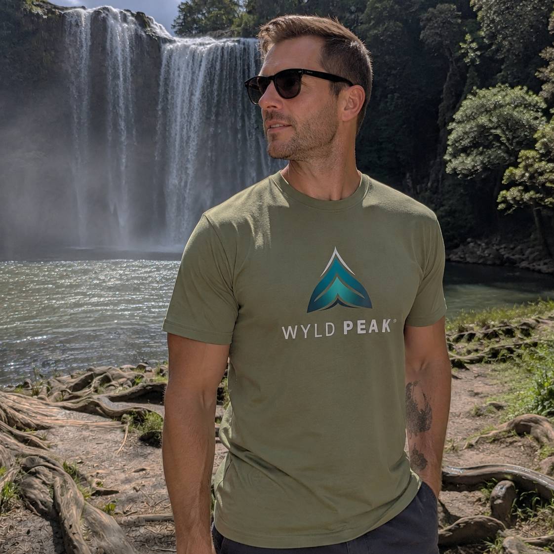 A man wearing a sage green t-shirt with a blue and white 'WYLD PEAK' logo stands in front of a waterfall in a forest setting.