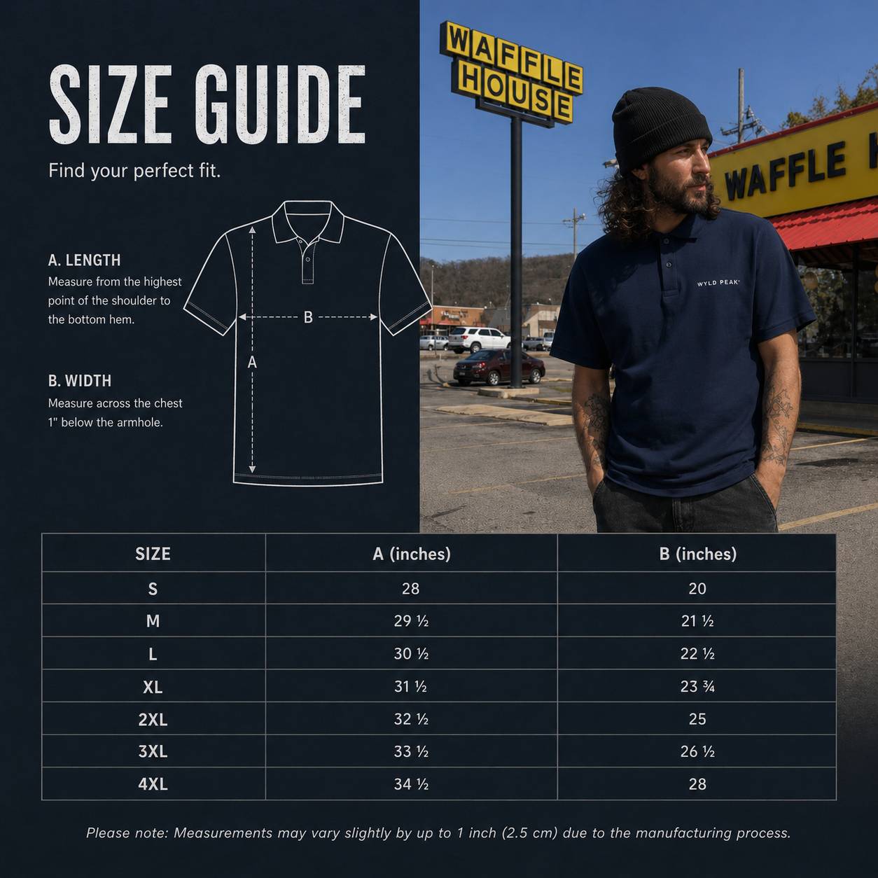 Size guide for a polo shirt with a person wearing the shirt in front of a Waffle House.