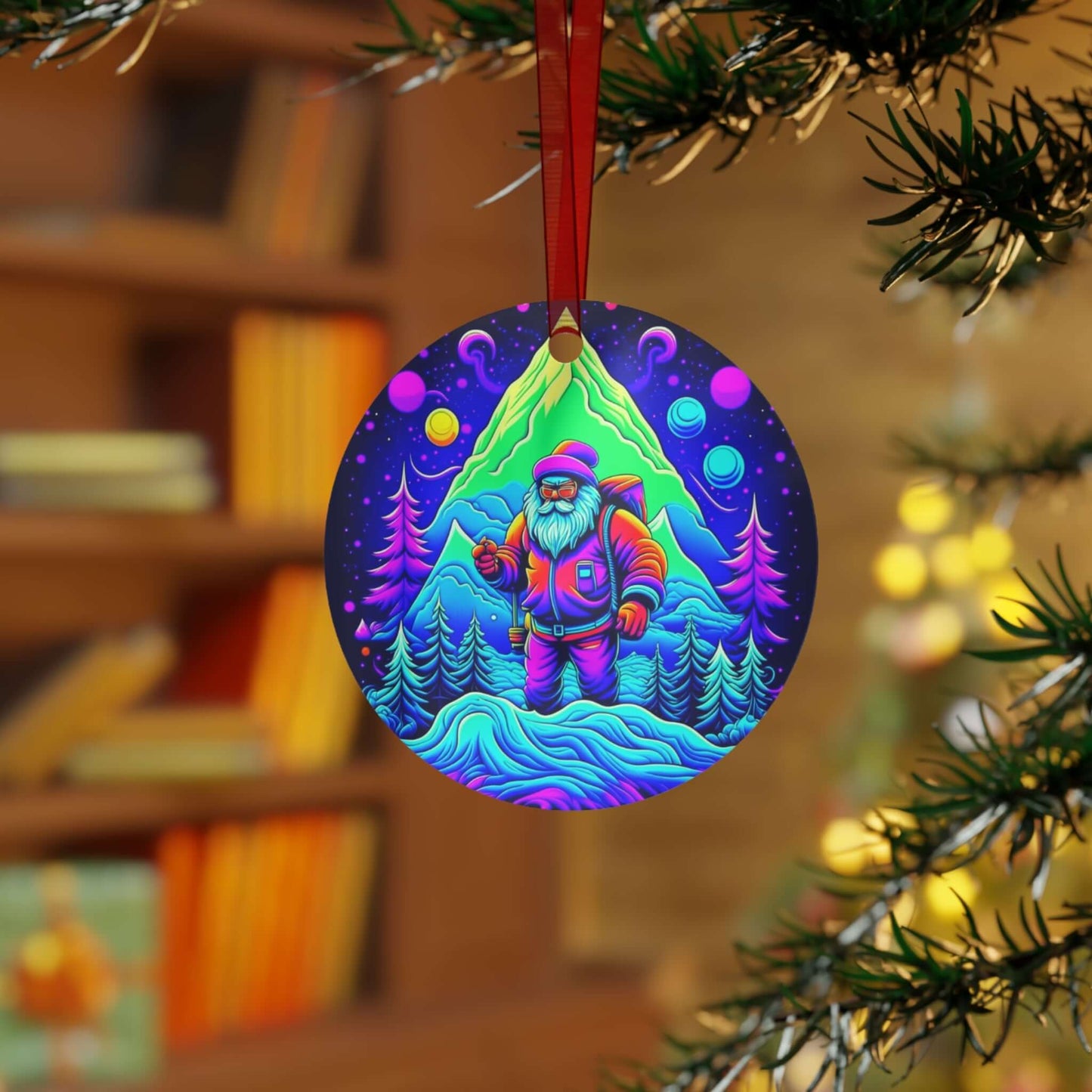 Wyld Peak psychedelic Santa aluminum ornament displayed in a holiday setting.