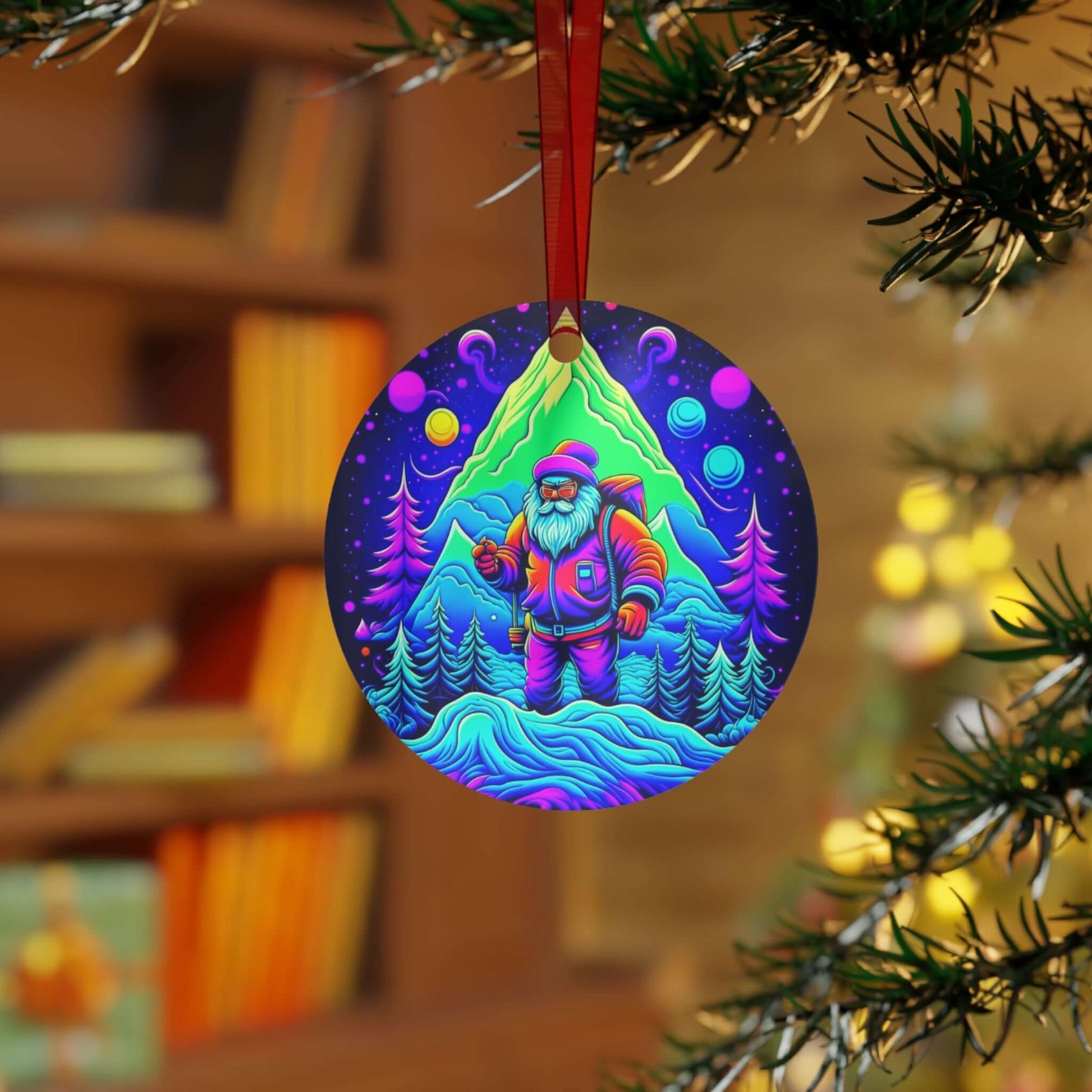 Wyld Peak psychedelic Santa aluminum ornament displayed in a holiday setting.