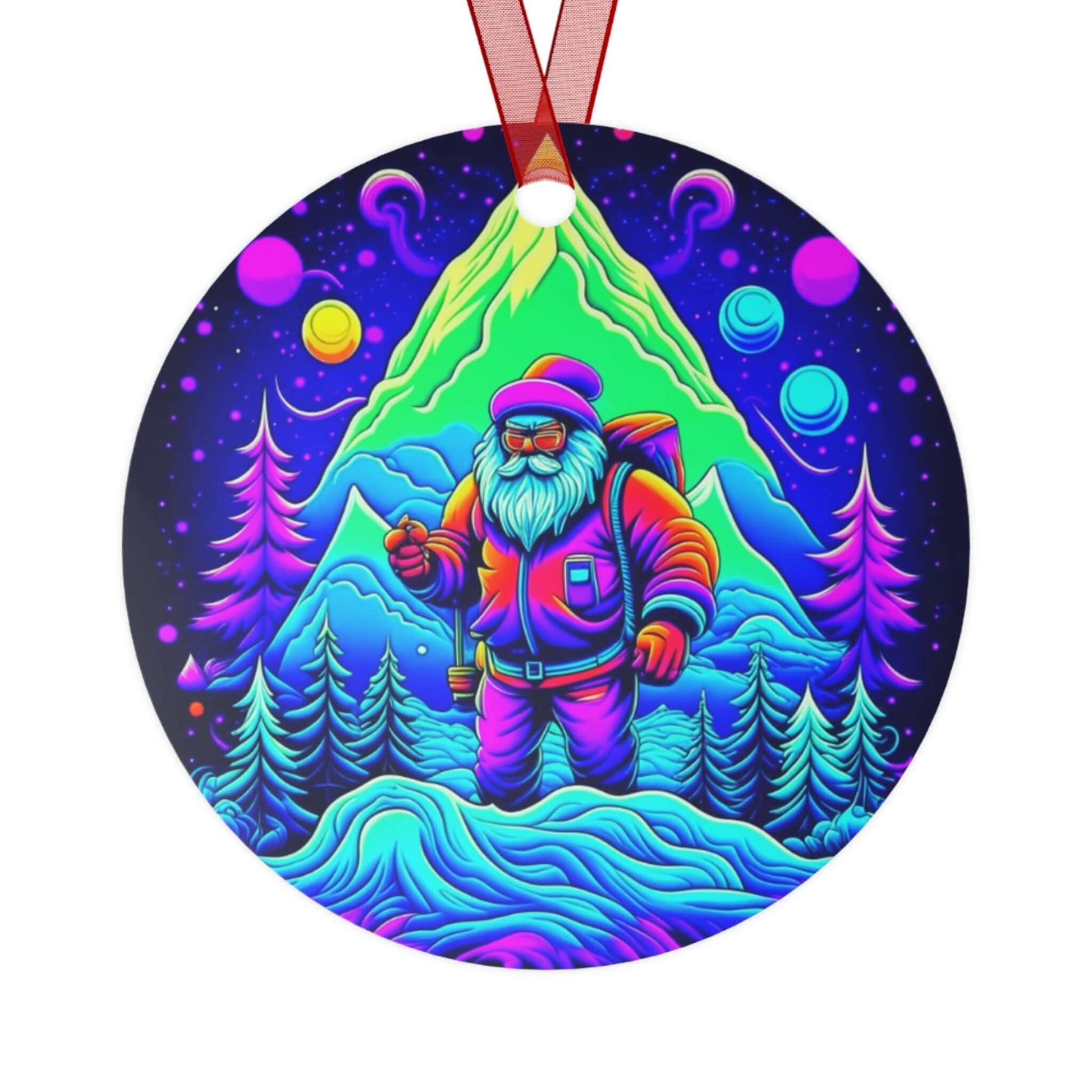 Front of Wyld Peak psychedelic Santa aluminum ornament with a white background.