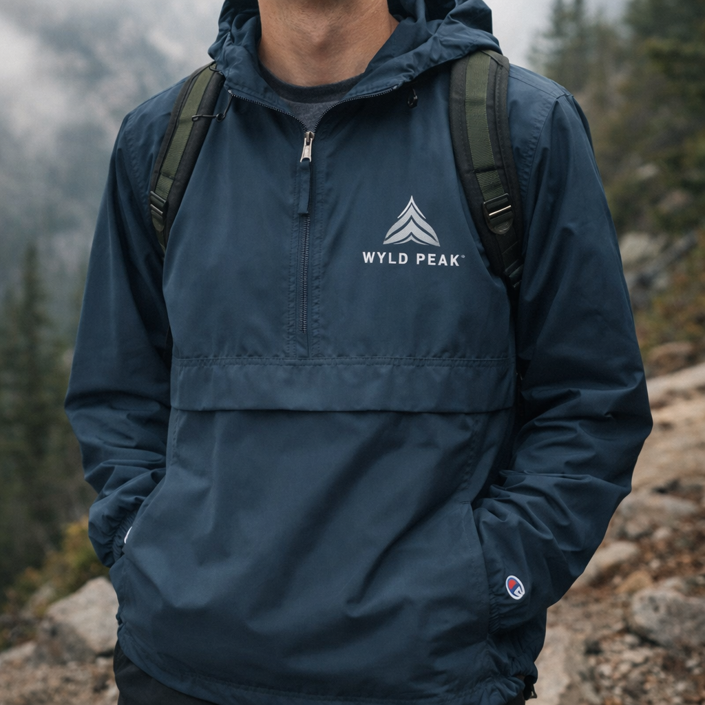 Person wearing a blue jacket with Wyld Peak logo in a mountainous area