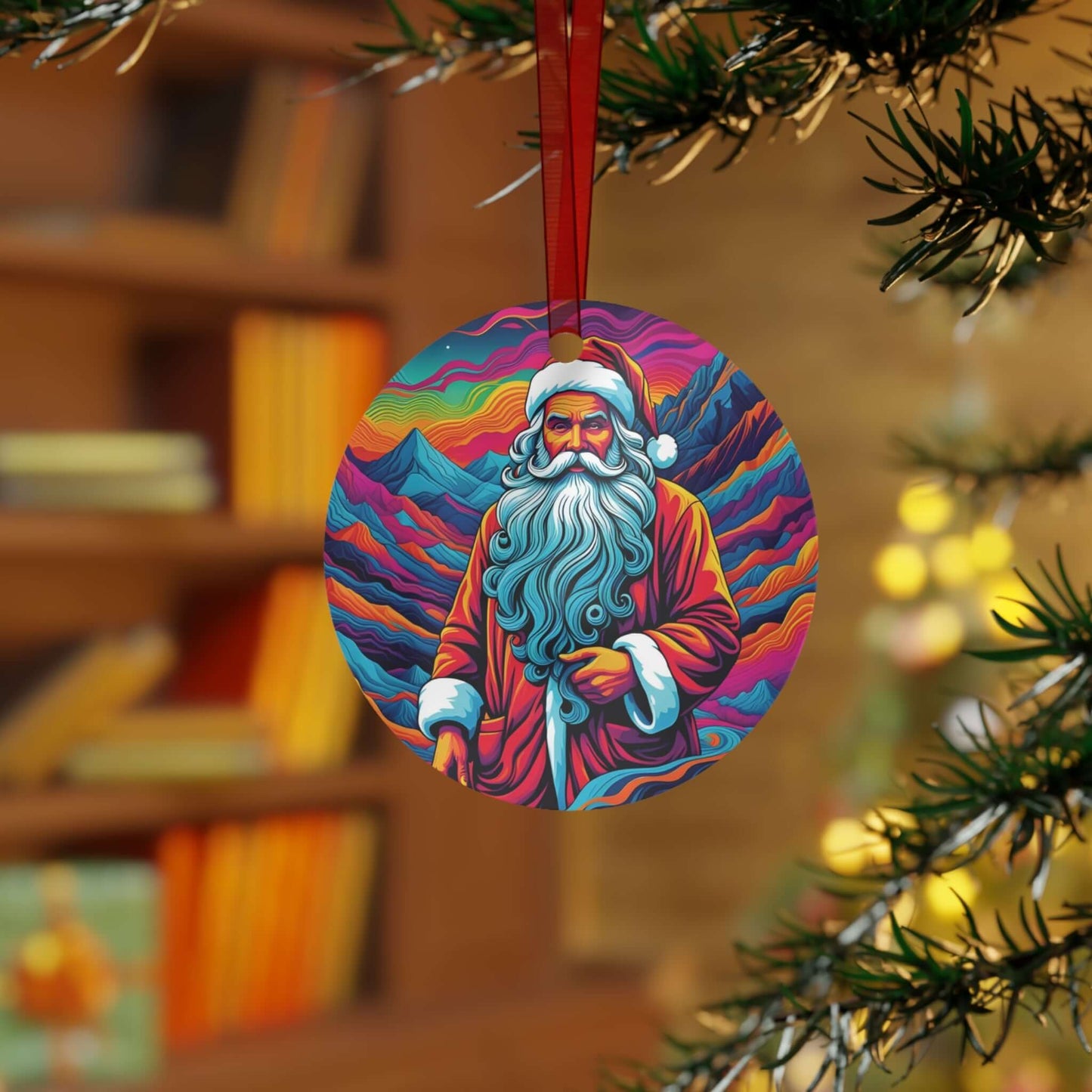 Wyld Peak psychedelic Santa aluminum ornament displayed on a Christmas tree with festive décor.