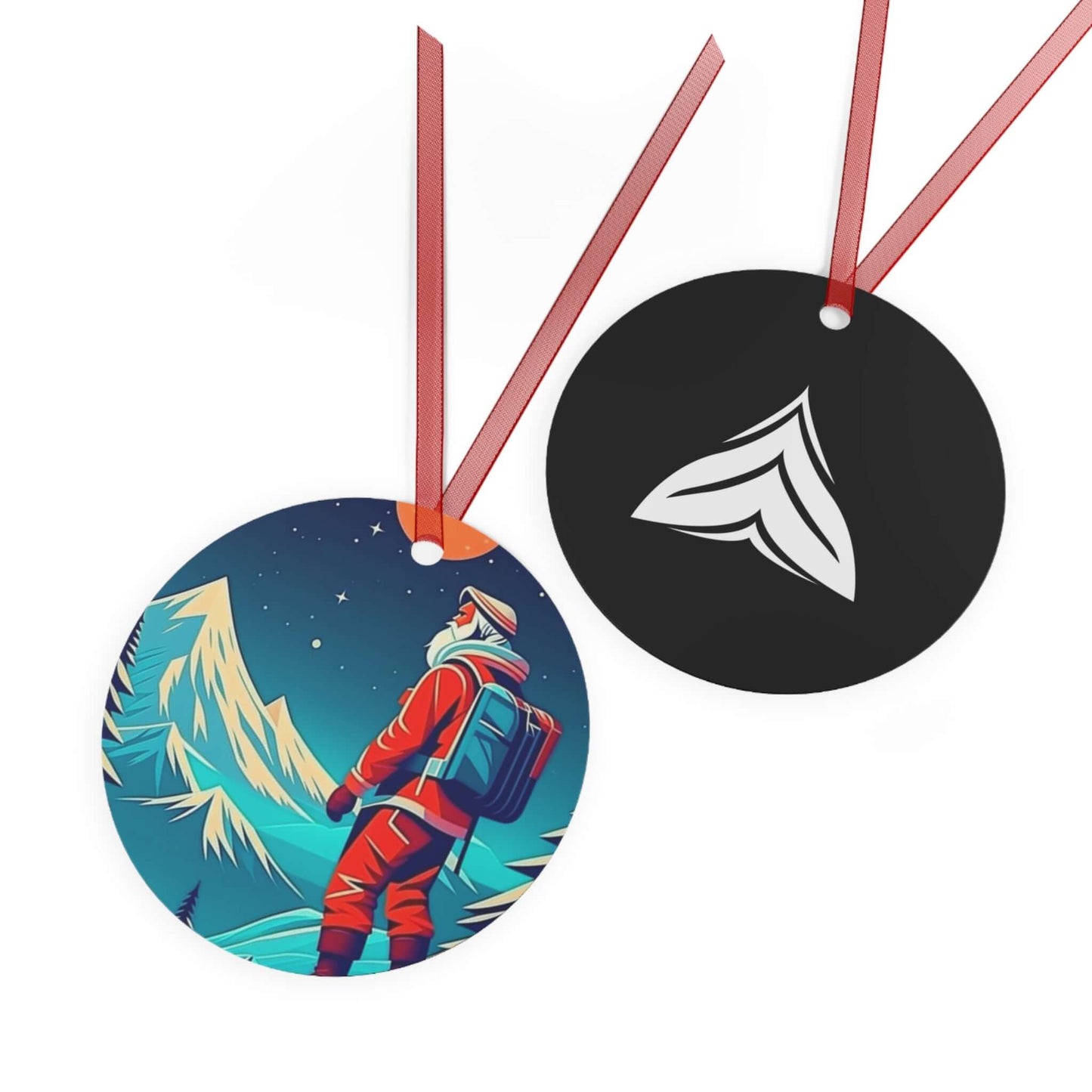 Wyld Peak Santa aluminum ornament shown front and back on a white background.