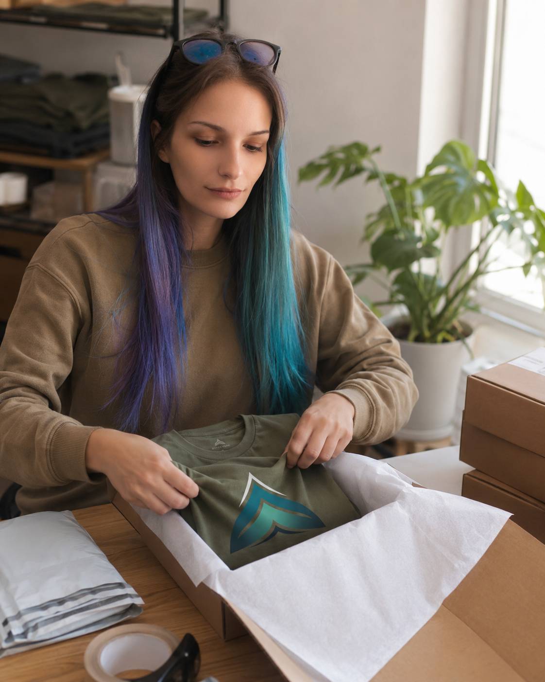 Woman with colorful hair unpacking a green t-shirt from a box in a room with plants.