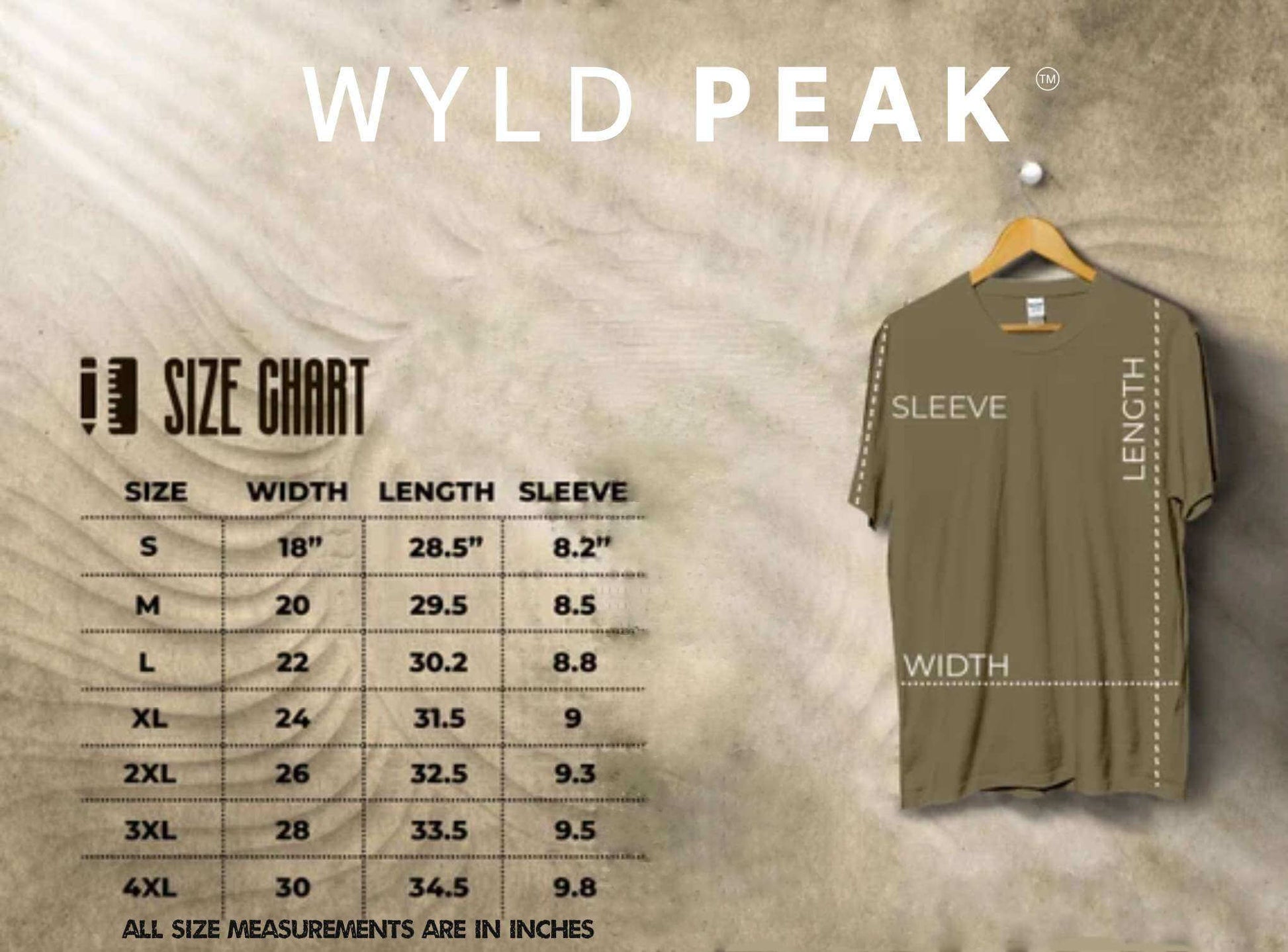 Size guide for Wyld Peak Men's Signature tee