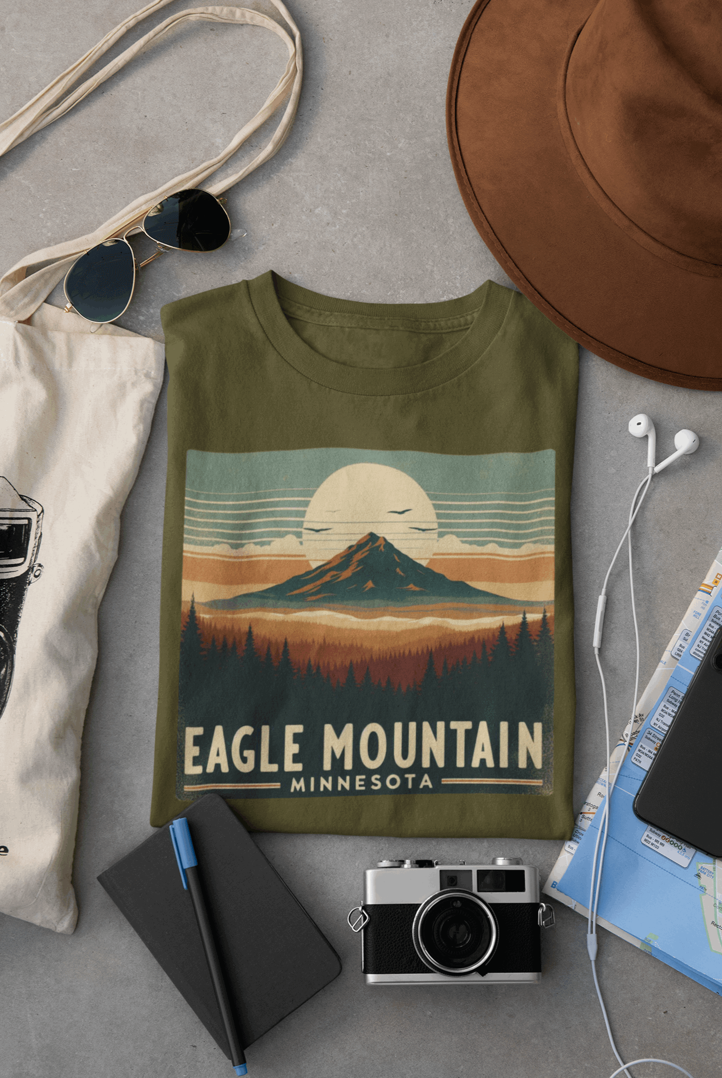 Wyld Peak Eagle Mountain unisex tee in army green laid flat