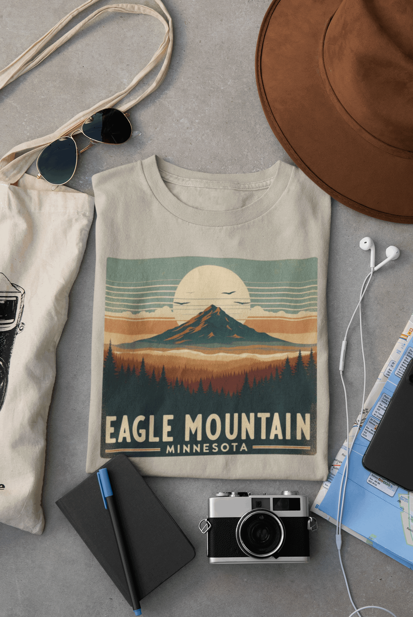 Superior Eagle Mountain unisex tee in desert tan laid flat