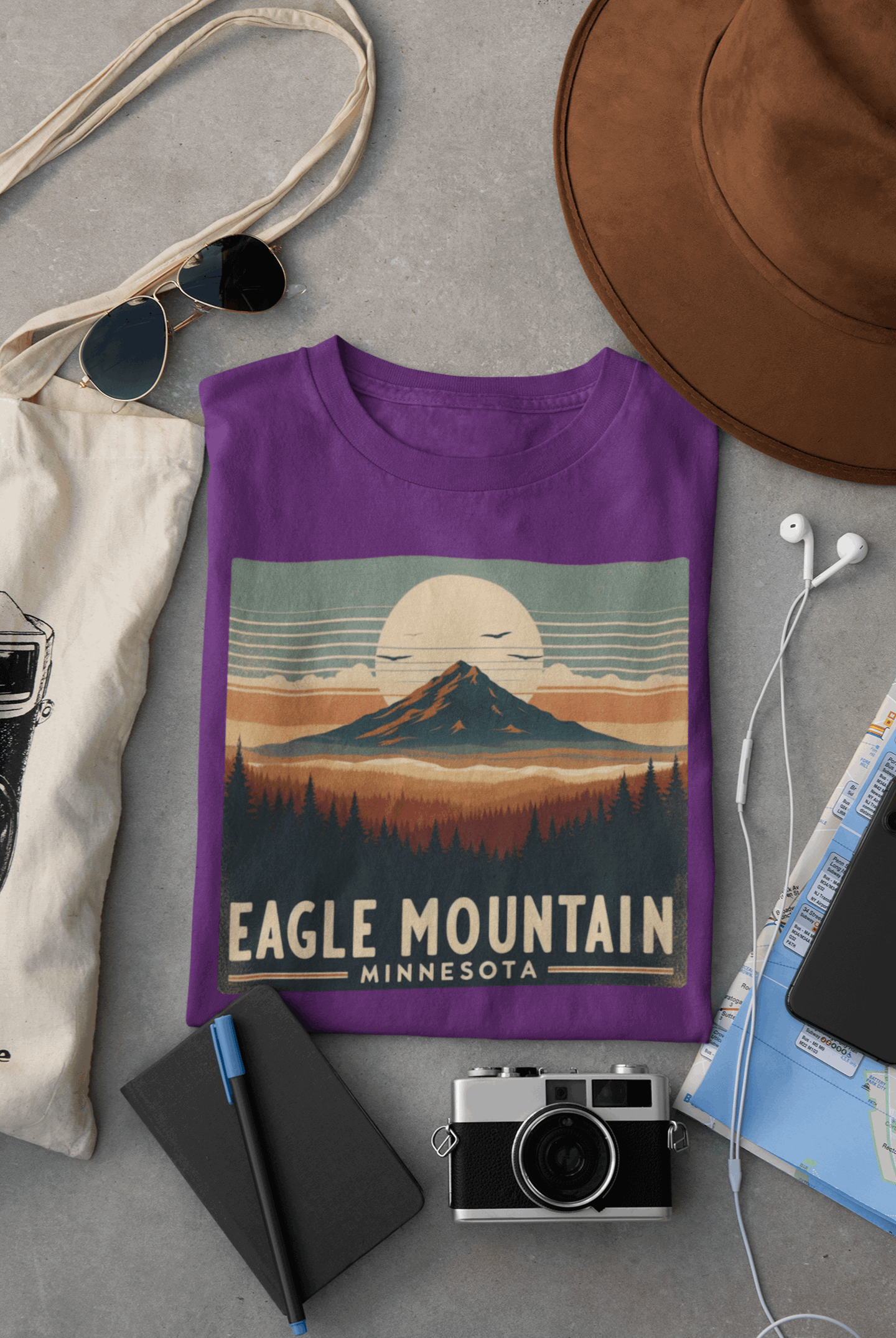 Second view of Superior National Forest Eagle Mountain tee in heather purple laid flat