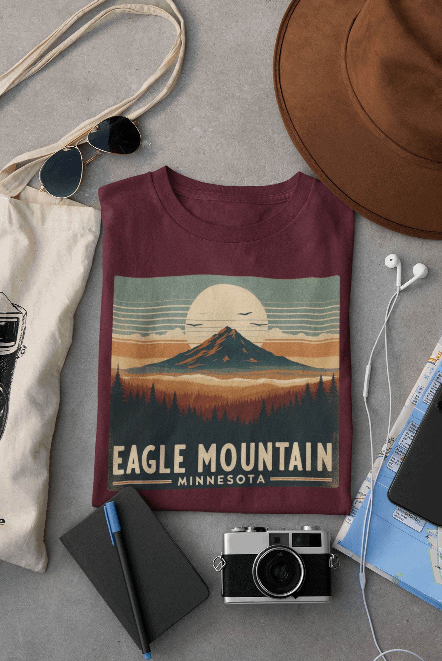 Superior National Forest Eagle Mountain tee in maroon laid flat